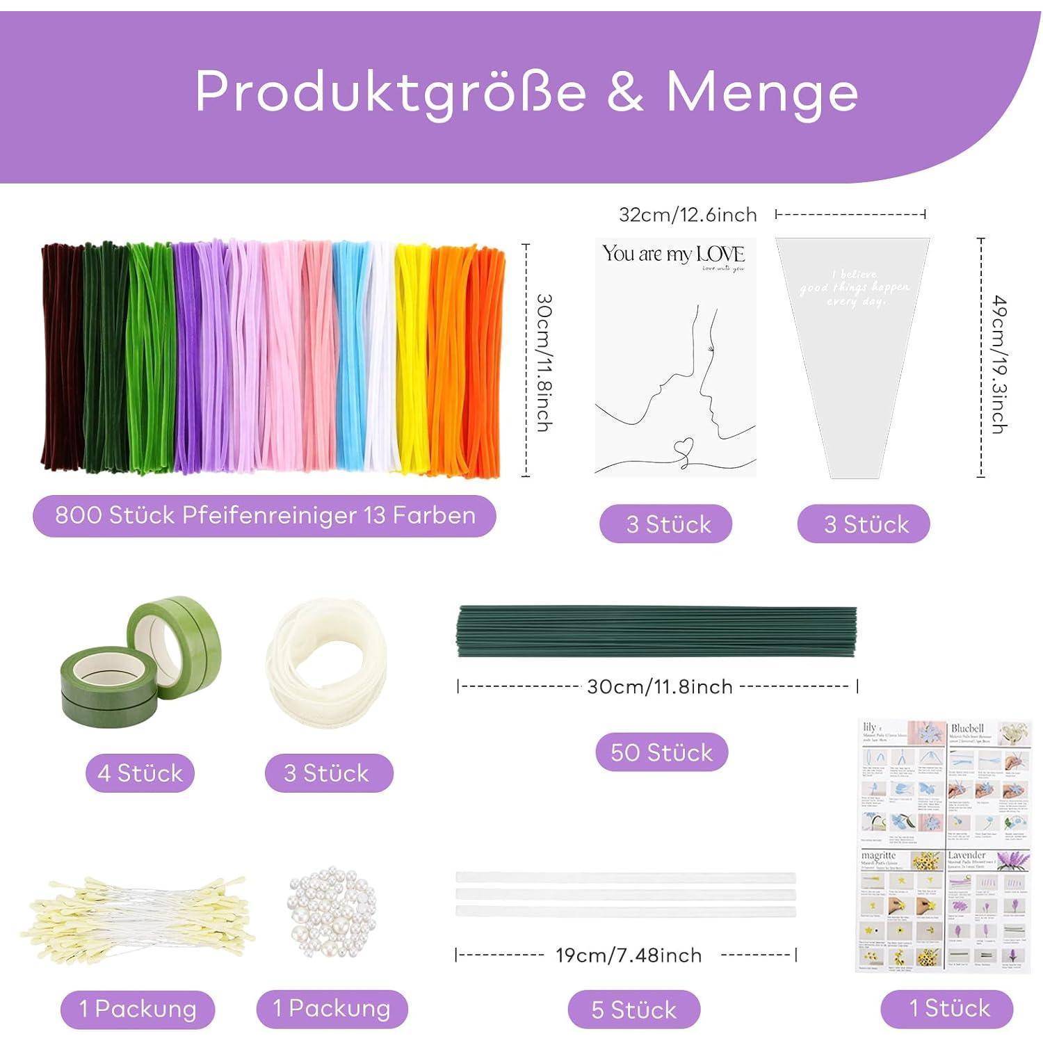 Infografik zu Produktgröße und Menge mit enthaltenen Bastelmaterialien: 800 Pfeifenputzer in 13 Farben, 3 Blätter, 4 grüne Klebebänder, 3 weiße Rollen, 50 Stäbchen und 1 Anleitungsblatt.