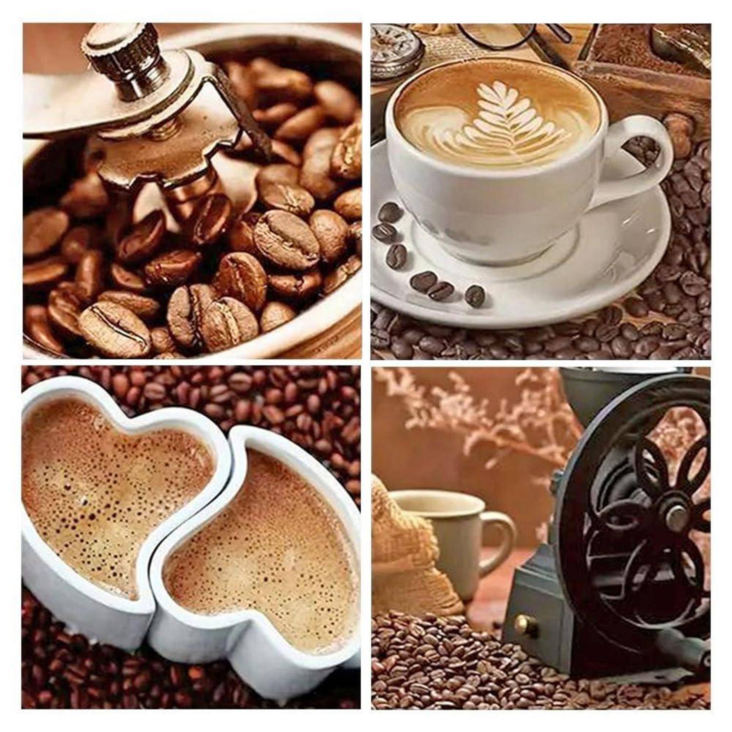 Vier Kaffee-Bilder: geröstete Bohnen, ein Latte mit Latte Art, zwei herzförmige Kaffeetassen und eine antike Kaffeemühle mit Bohnen.