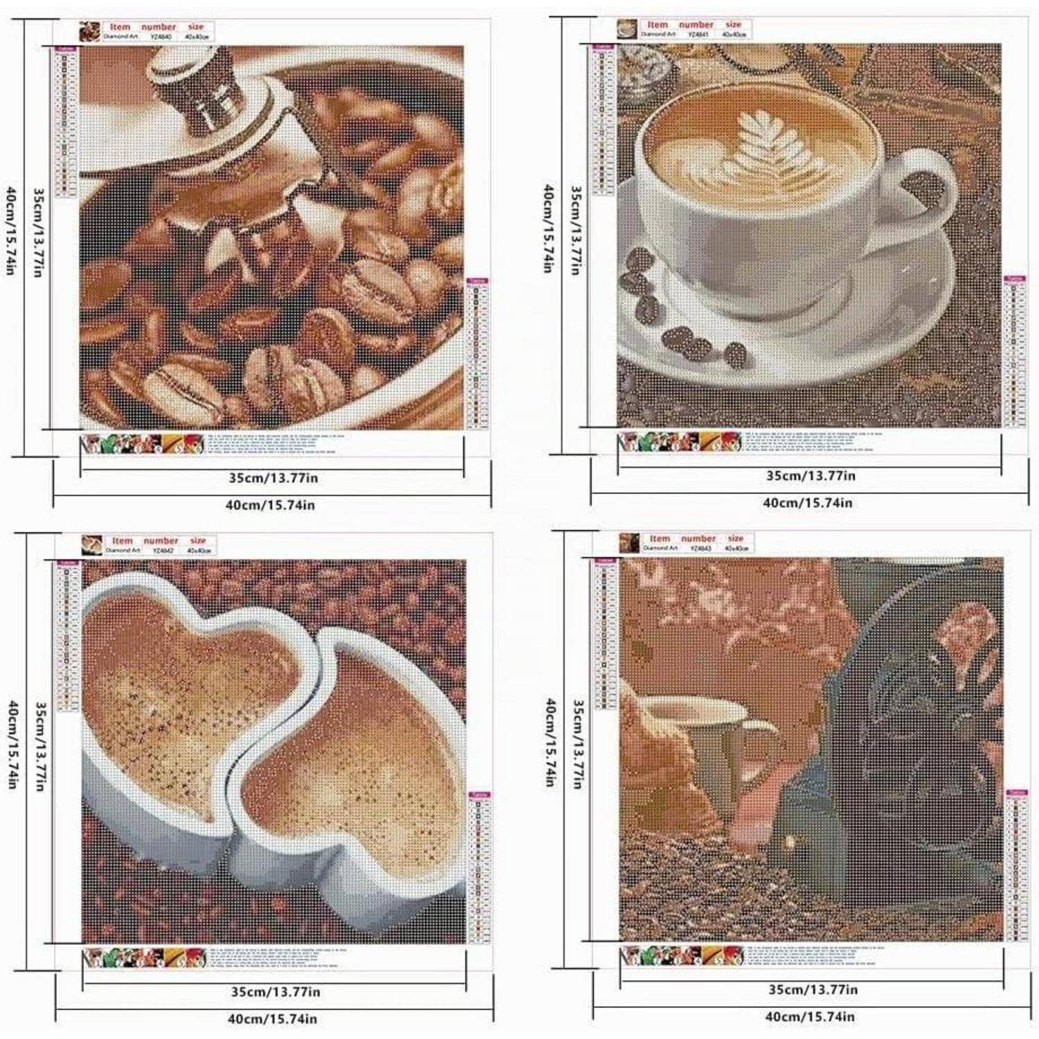 Vier Diamond-Painting-Kaffeebilder in einem 2x2-Raster dargestellt: eine Kaffeeblüten-Tasse, Latte in einer Tasse, herzförmiger Kaffee-Schaum und Kaffeetasse mit Mühle.