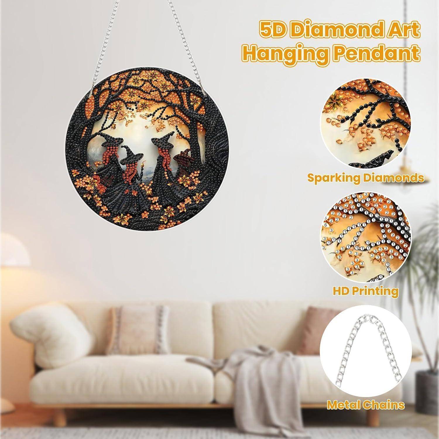 MOGTAA 5D Halloween Diamond Painting Anhänger, Hexe Diamond Painting mit Kette Kinder Erwachsene, Landschaft Diamant Painting Fensterbilder, Hängend