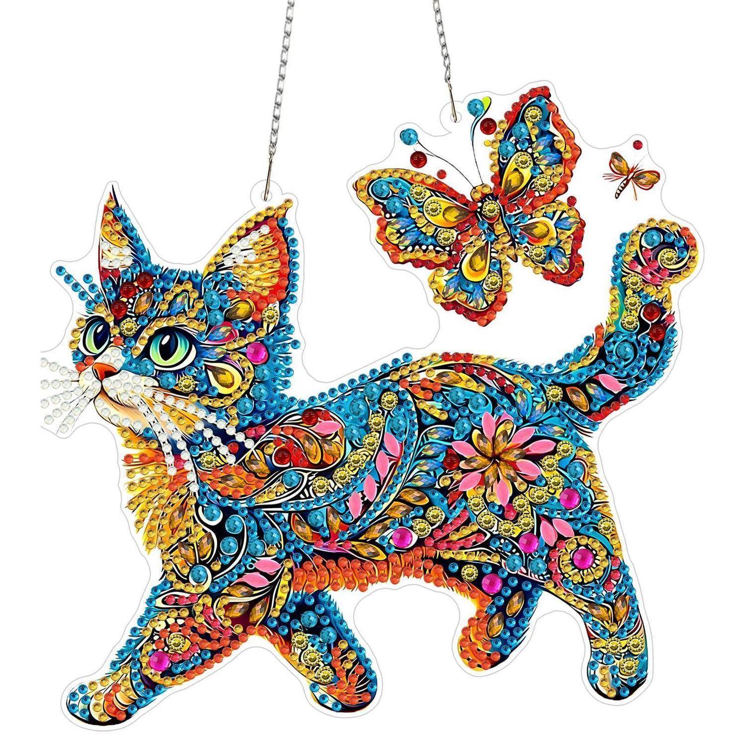 NEWENMO 5D Bunte Katze Diamond Painting Anhänger Fensterbilder Diamond Art | Schmetterlinge Diamond Painting Anhänger Set,DIY Crystal Art Kit mit Ke