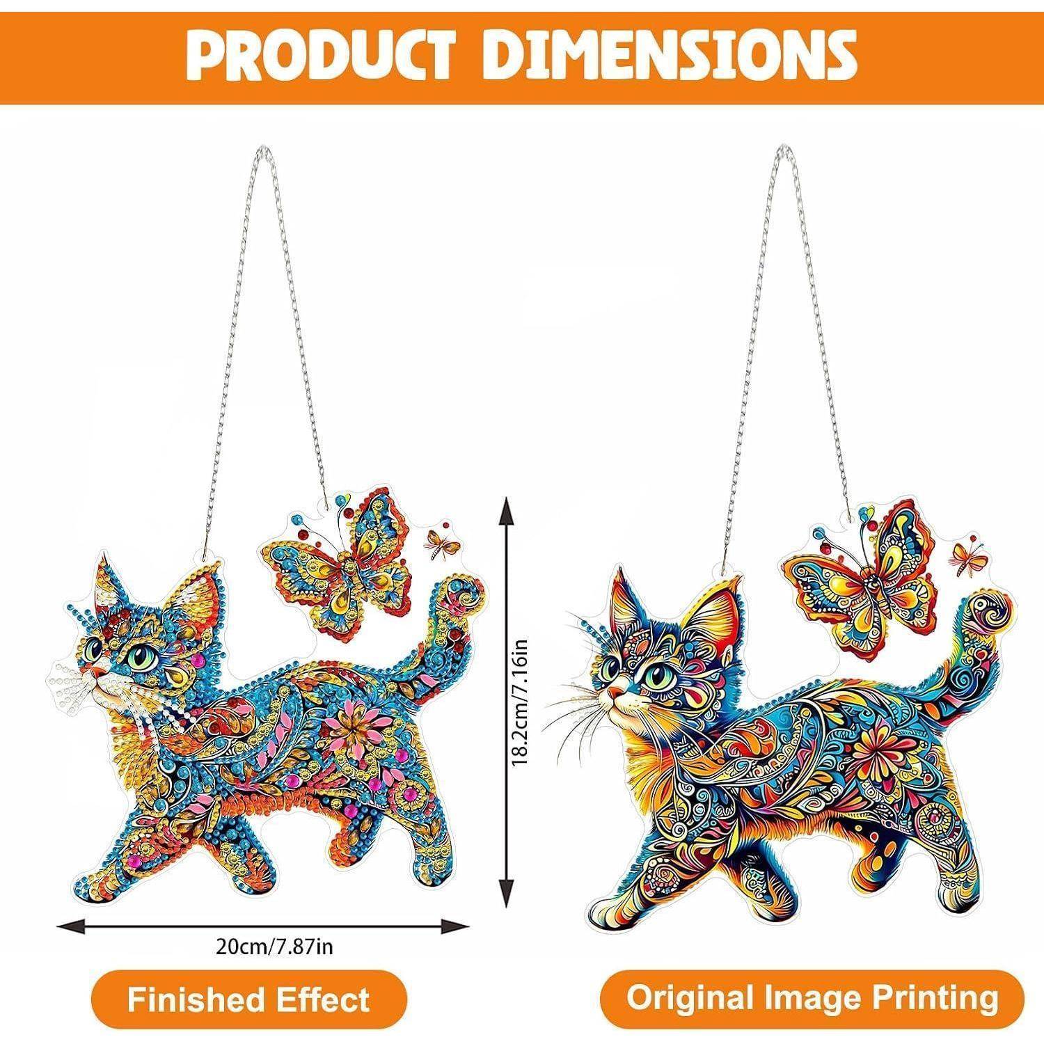 NEWENMO 5D Bunte Katze Diamond Painting Anhänger Fensterbilder Diamond Art | Schmetterlinge Diamond Painting Anhänger Set,DIY Crystal Art Kit mit Ke