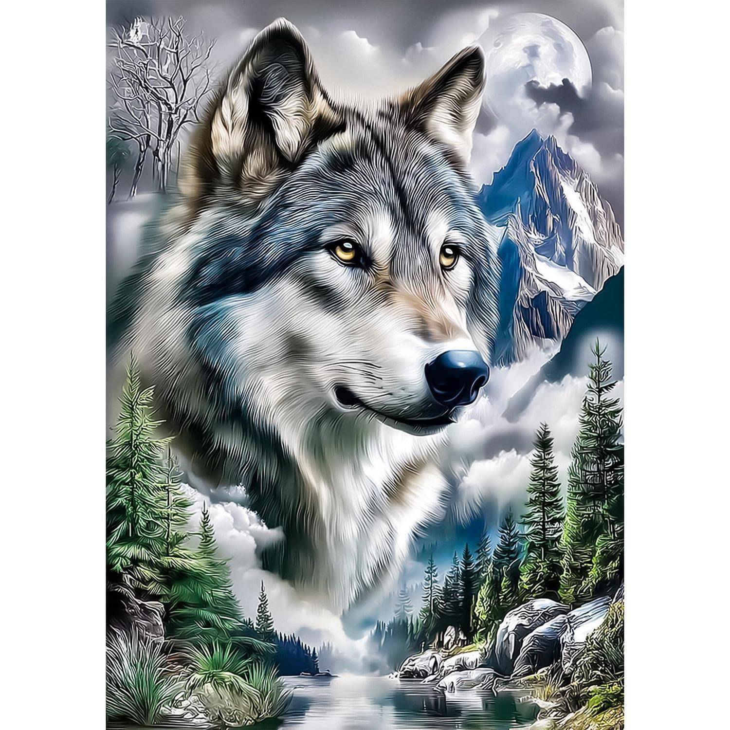 MEIYUDA 5D Diamond Painting Bilder Erwachsene Kinder Wolf Tier Berg, Diamant Bilder Diy Set Bild Berg, Malerei Kristall Diamond Painting Set