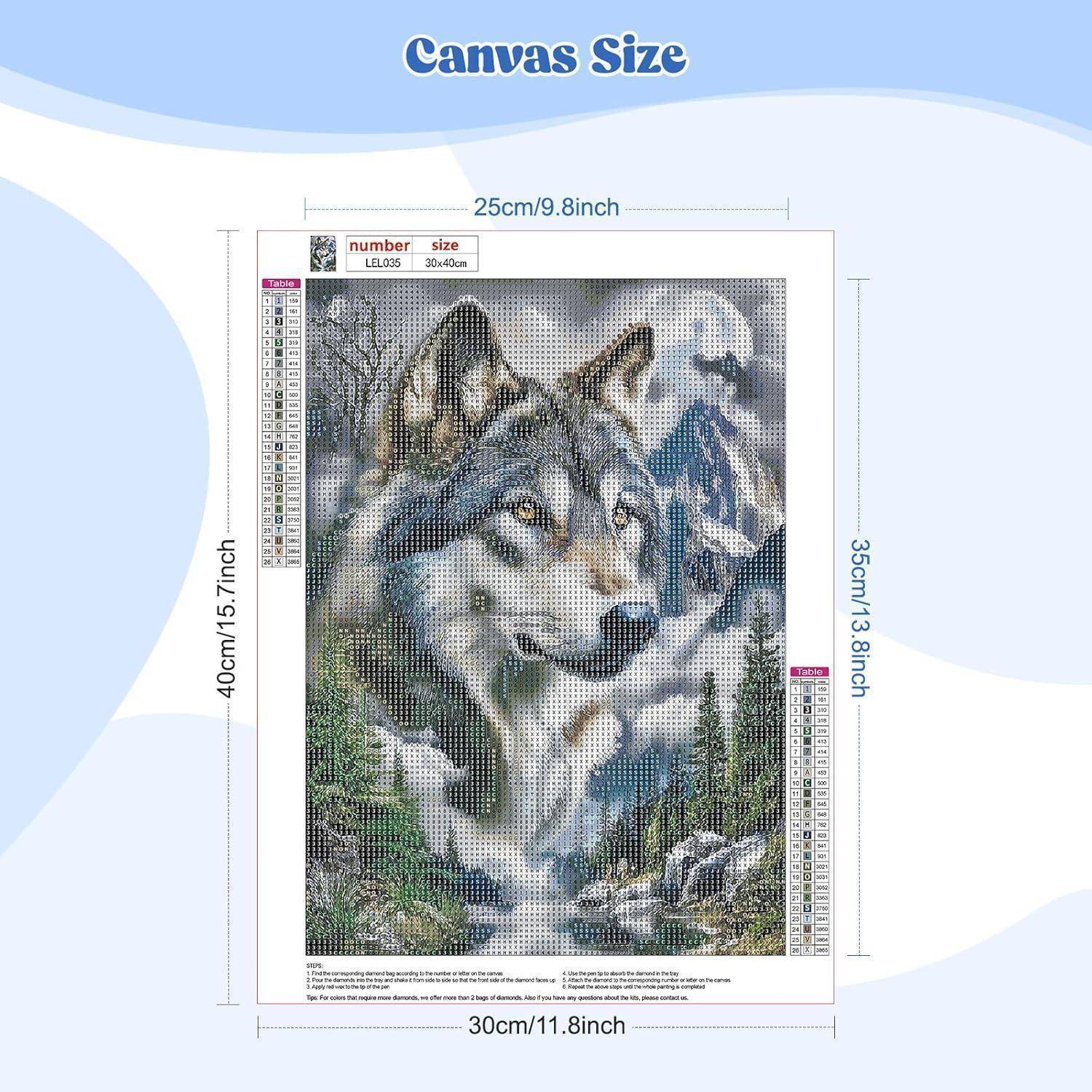 Leinwandgrößen-Diagramm mit einem Wolf-Diamantmalerei auf einer 30 x 40 cm Leinwand, mit Abmessungen gekennzeichnet als 25 cm breit und 35 cm hoch.
