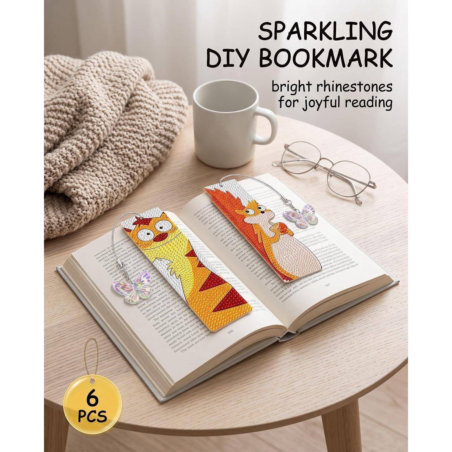Diamond Painting Lesezeichen 6 Stück – Komplettes DIY Bastelset mit funkelnden Kristall Anhängern in Tierformen für Kinder & Erwachsene, Kreative