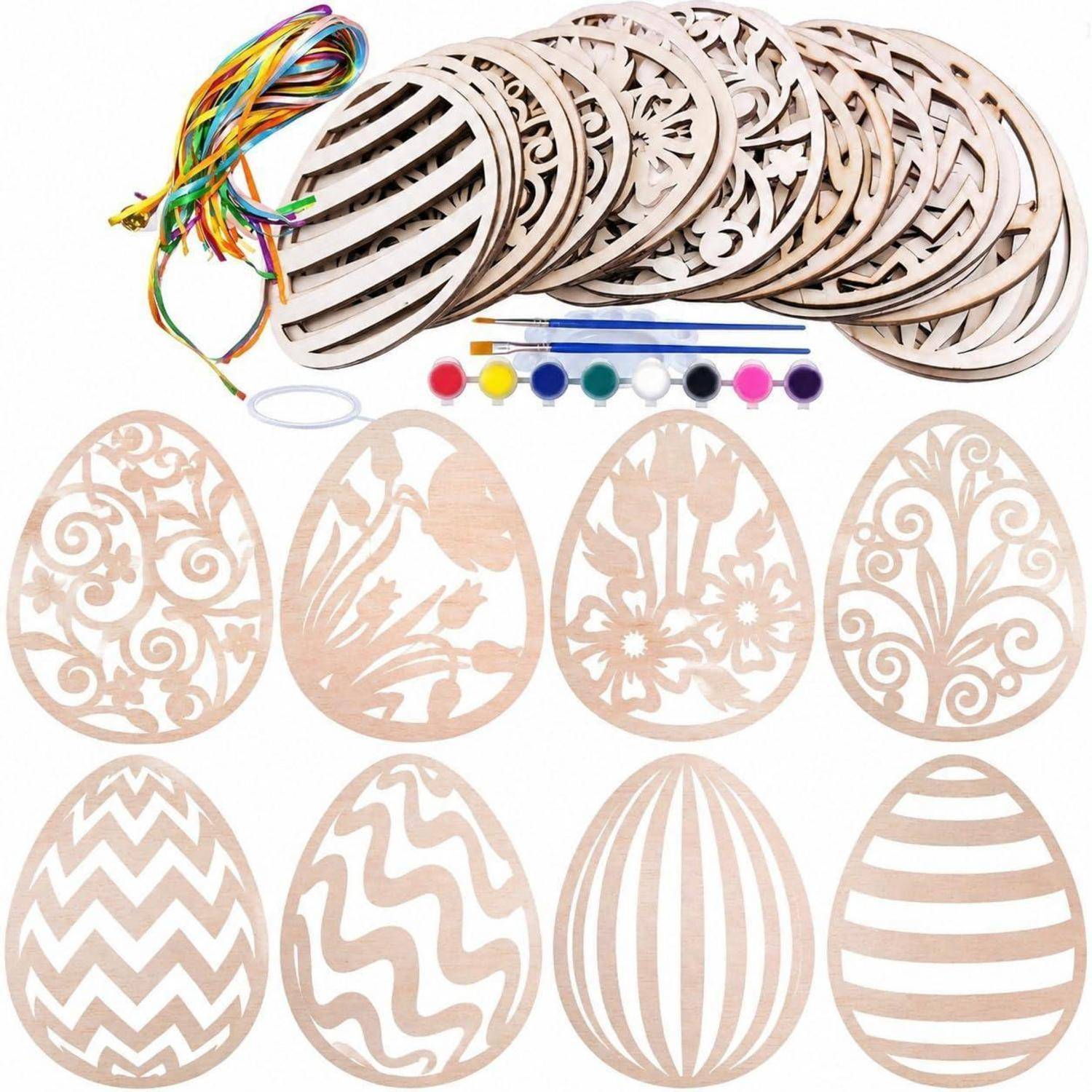 24 Stück Osteranhänger Gestalten Osterdeko, Holz Ostereier Frühlingsdeko | Oster-Dekorationsset, Osterdeko Ostern Holzanhänger mit Acrylfarbe für
