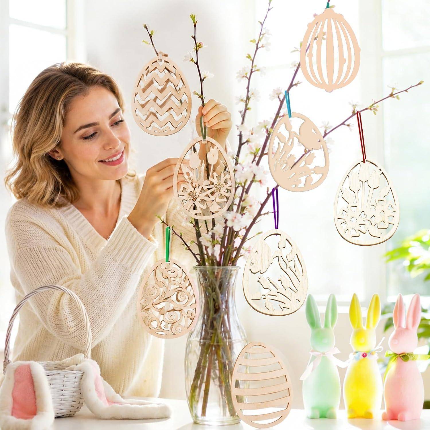 24 Stück Osteranhänger Gestalten Osterdeko, Holz Ostereier Frühlingsdeko | Oster-Dekorationsset, Osterdeko Ostern Holzanhänger mit Acrylfarbe für