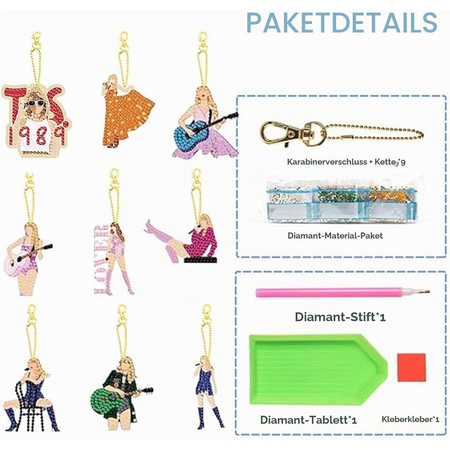 Collage von Diamantmalerei-Taschenanhängern mit verschiedenen weiblichen Figuren und einem „18
