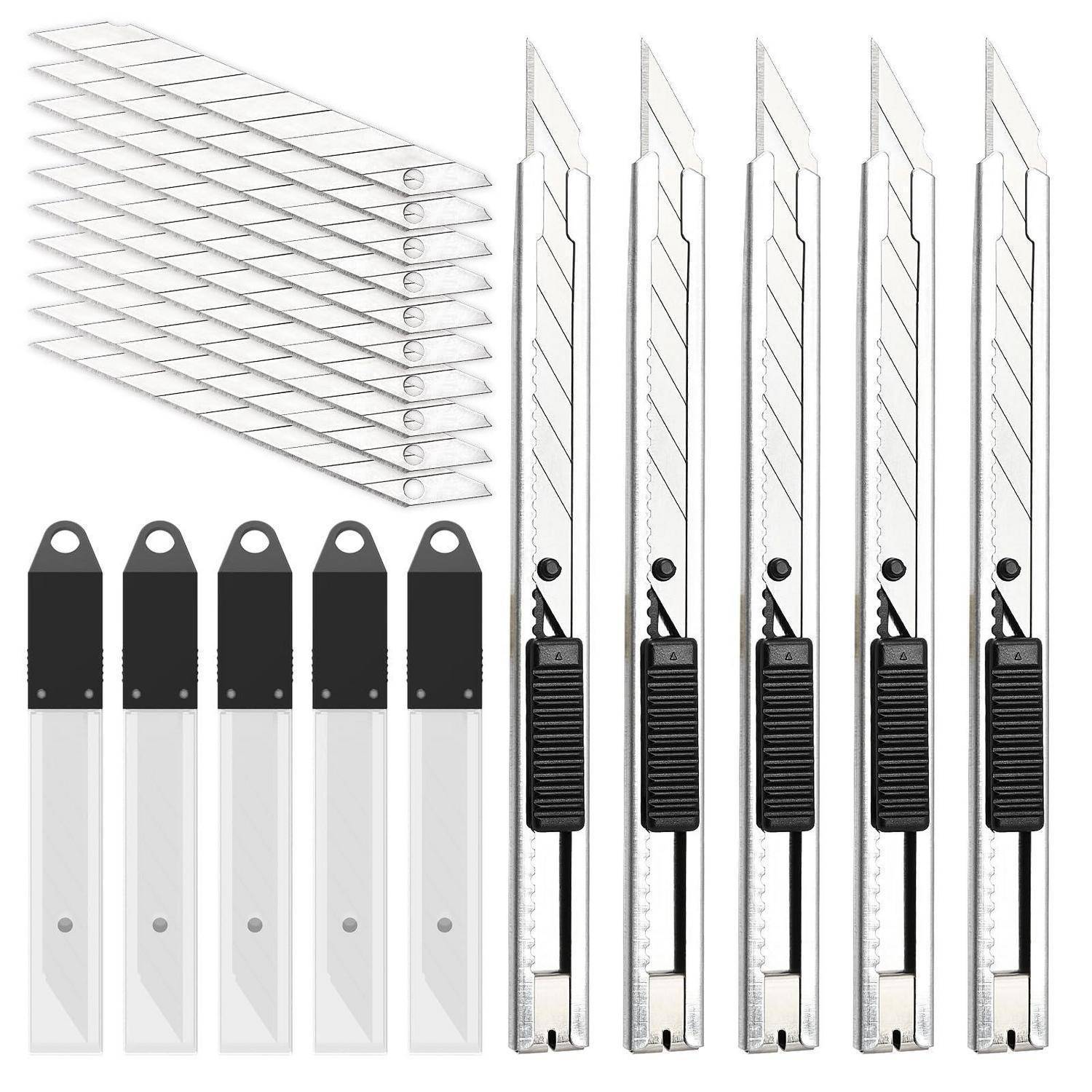 EHDIS 5 Stück Edelstahl Cuttermesser 9mm mit 50 Ersatzklingen (30 Grad), Edelstahl Abbrechklingend und Utility Knife, Universalmesser Set für Pappe