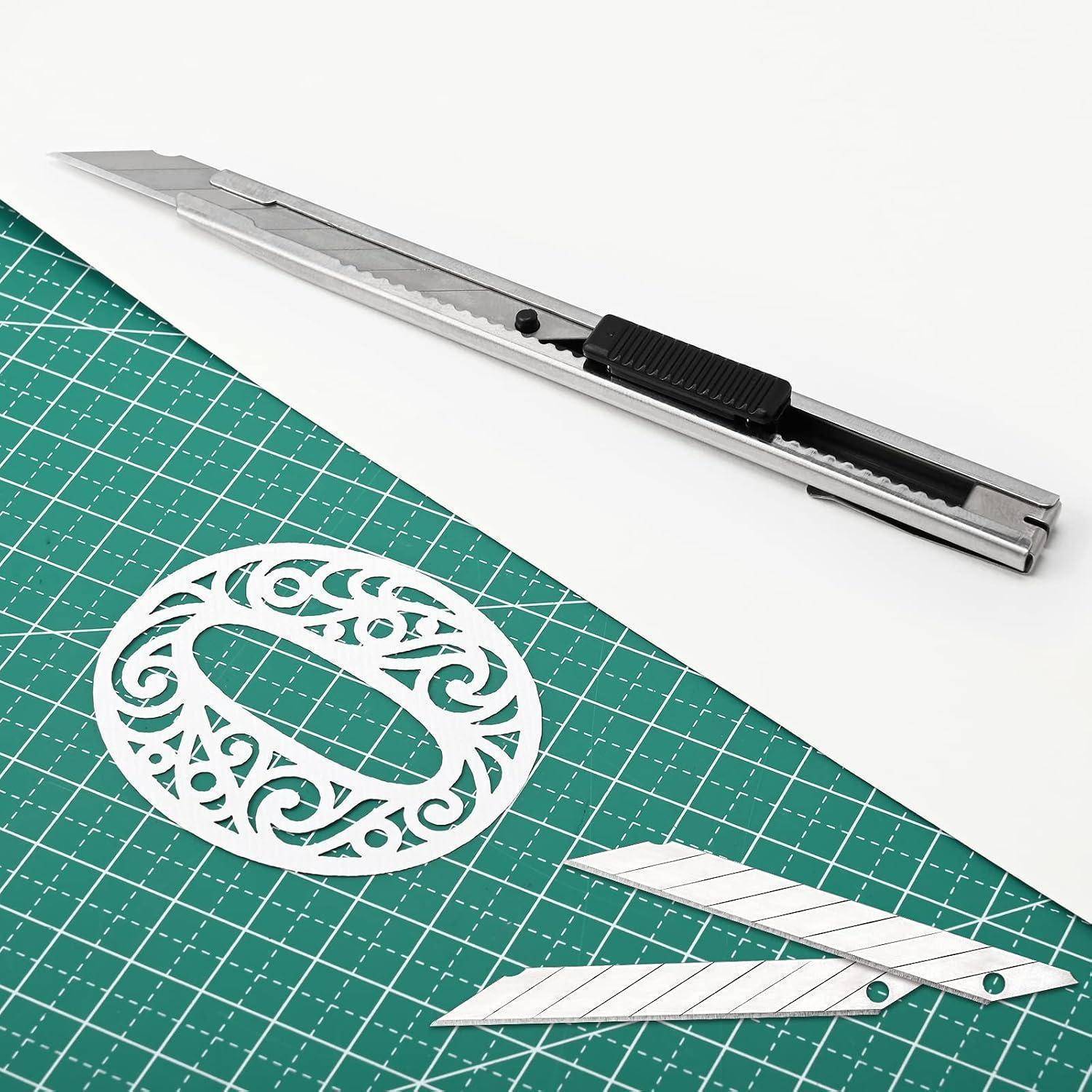 EHDIS 5 Stück Edelstahl Cuttermesser 9mm mit 50 Ersatzklingen (30 Grad), Edelstahl Abbrechklingend und Utility Knife, Universalmesser Set für Pappe