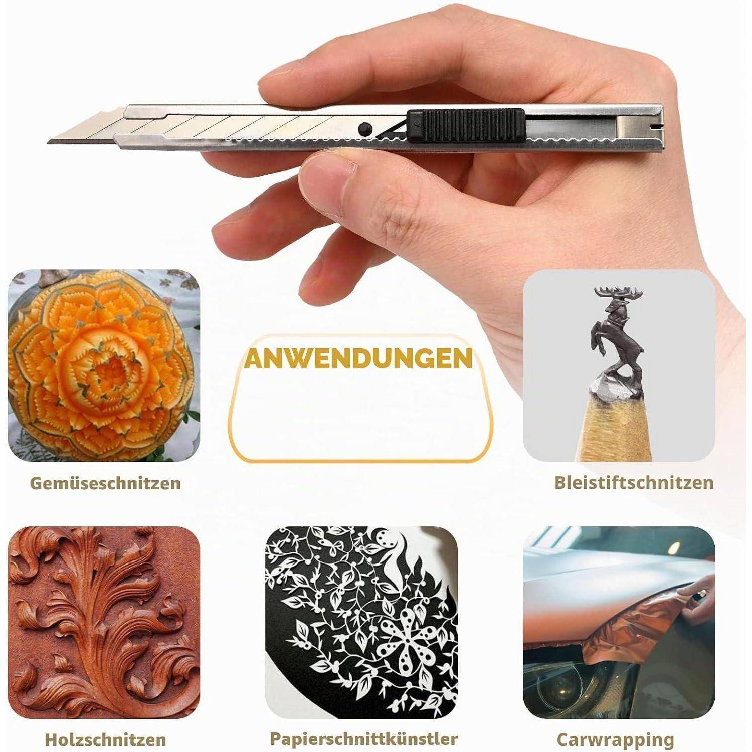 Hand hält ein Universalmesser über Beispiele von Schneideanwendungen, beschriftet mit „ANWENDUNGEN