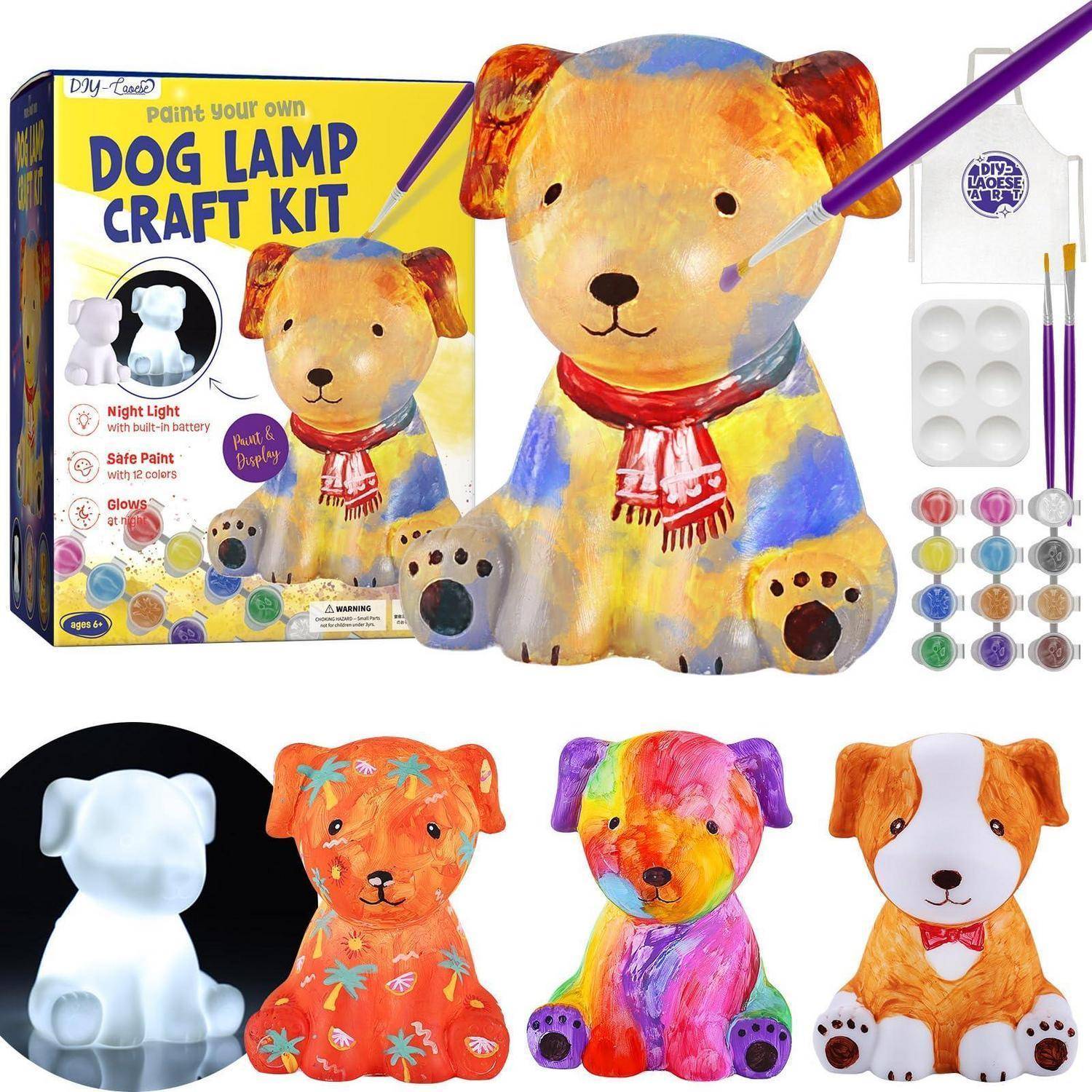 Hundelamp-Bastelset mit bemalbare bärenförmige Lampe, Farben, Pinseln und Musterfertigdesigns in verschiedenen Farbstilen.