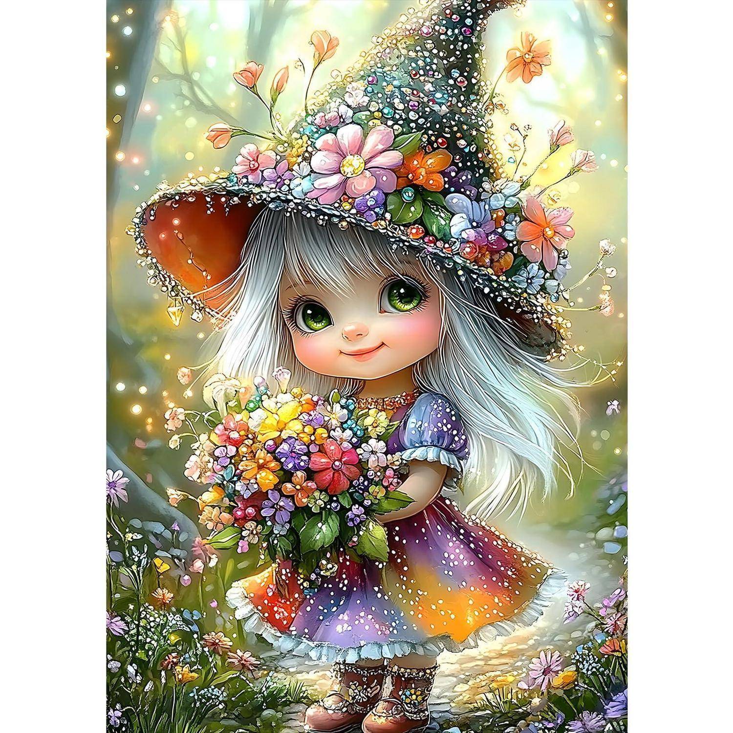 Fantastische Illustration eines lächelnden Kindes mit langem weißem Haar, das einen mit Blumen bedeckten spitzen Hut trägt und einen bunten Blumenstrauß in einem magischen Garten hält.
