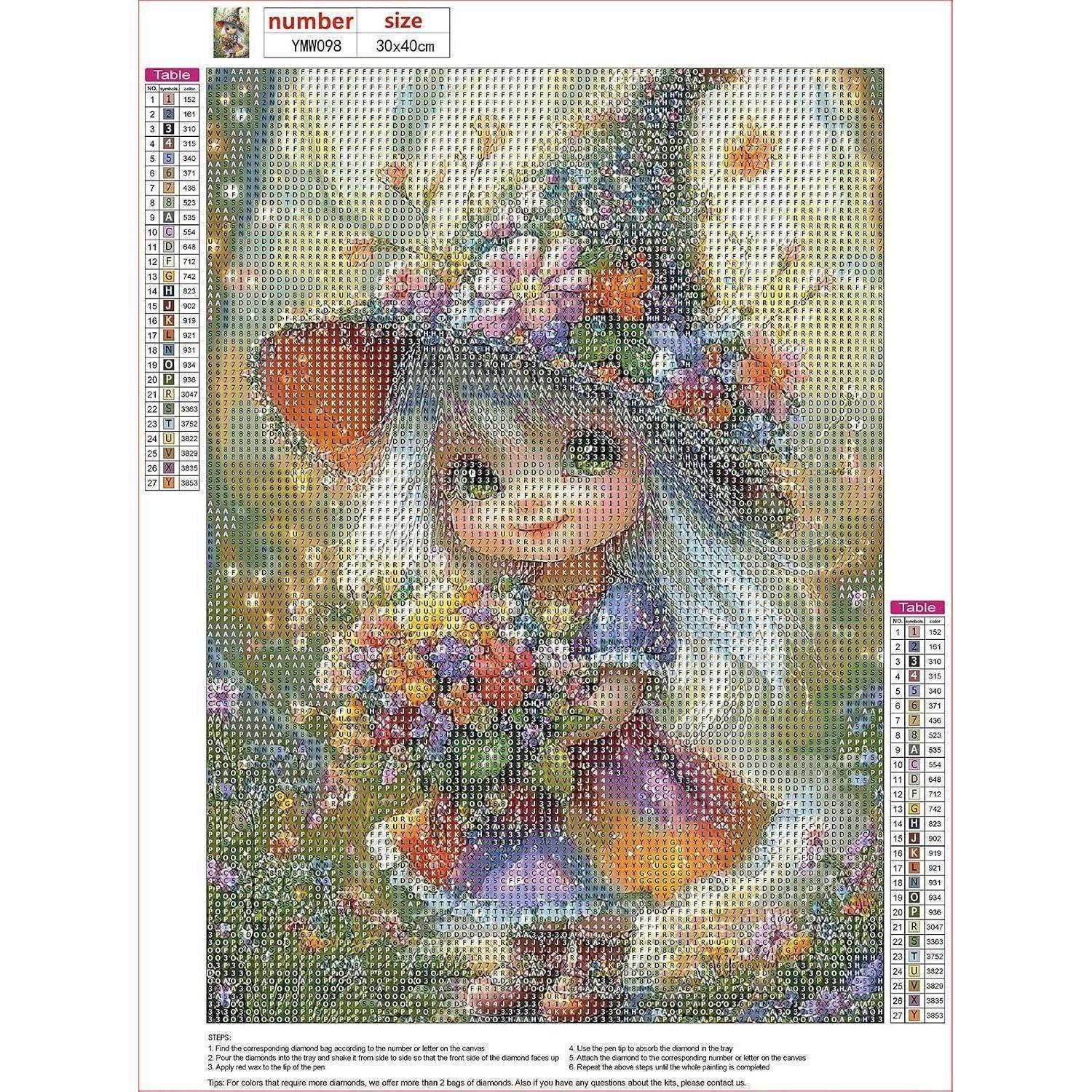 Diamantmalerei-Schaubild eines lächelnden Mädchens in einem blumigen Hut, das einen Blumenstrauß hält, mit Symbolschlüssel und Musternummer YW098, Größe 30x40cm.