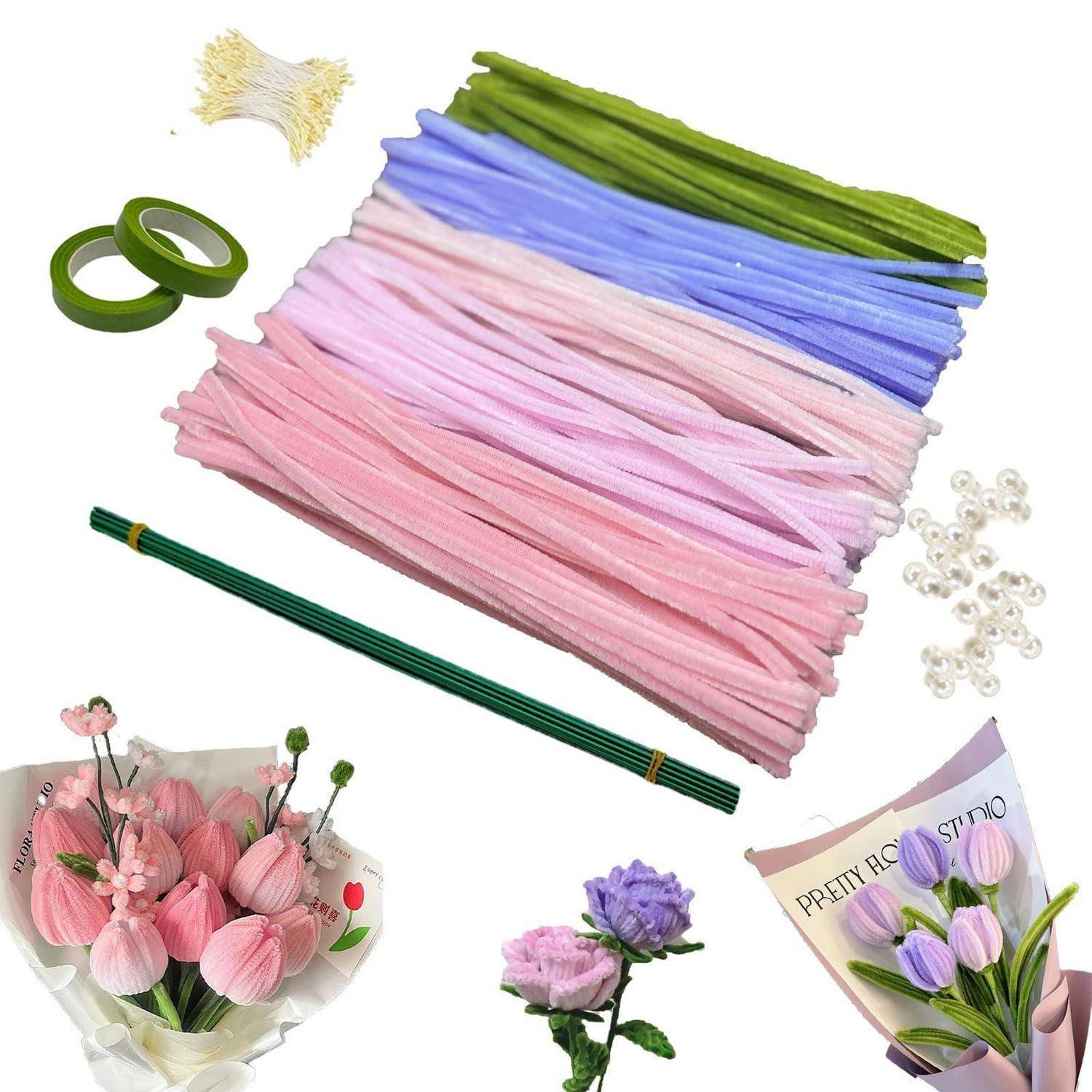 Sortierte Blumenbastel-Materialien: farbige Papierstreifen, grüner Blumendraht für Stiele, Klebeband, kleine Perlen und Beispielpapierblumen in Sträußen.