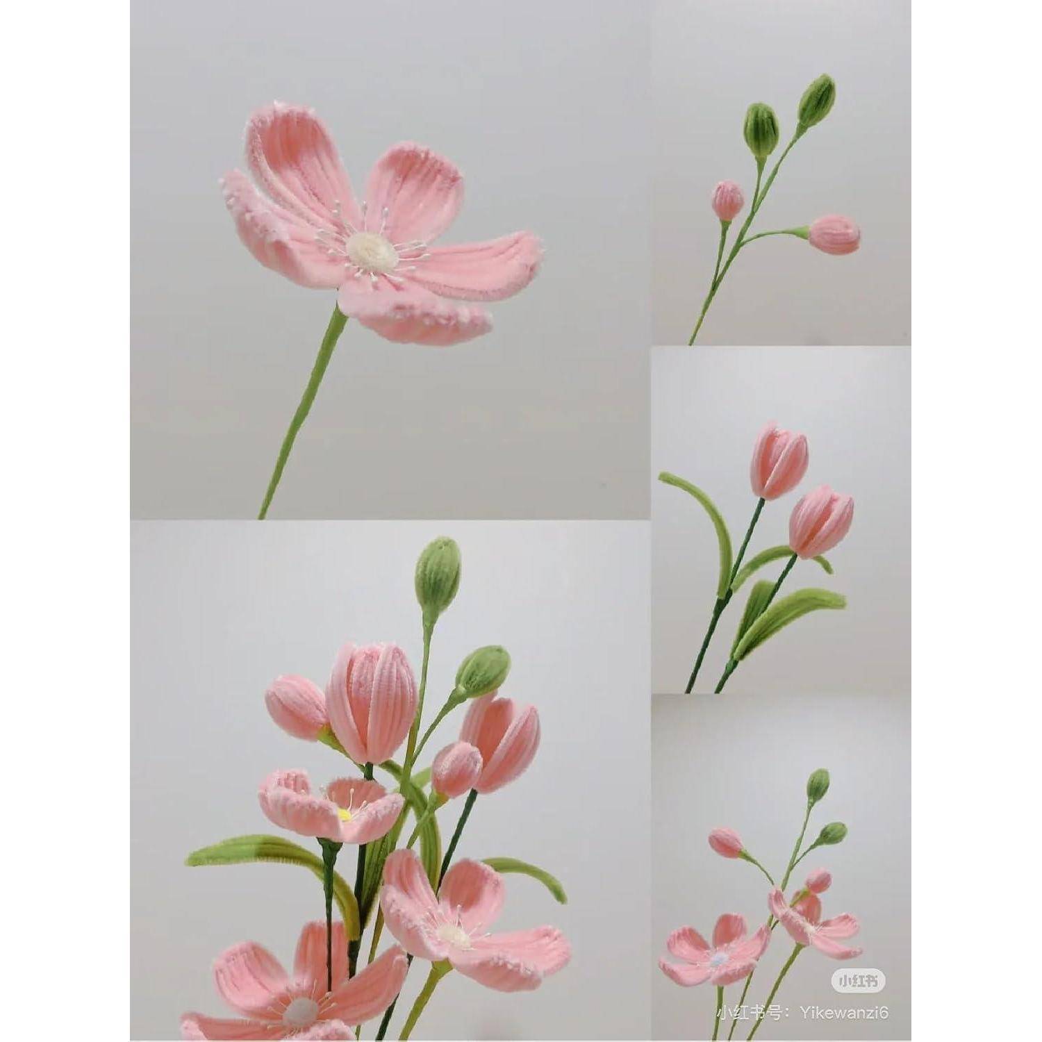 Collage mit rosa Blütenknospen und Blüten auf grünen Stielen in verschiedenen Öffnungsstadien vor einem schlichten, hellen Hintergrund.