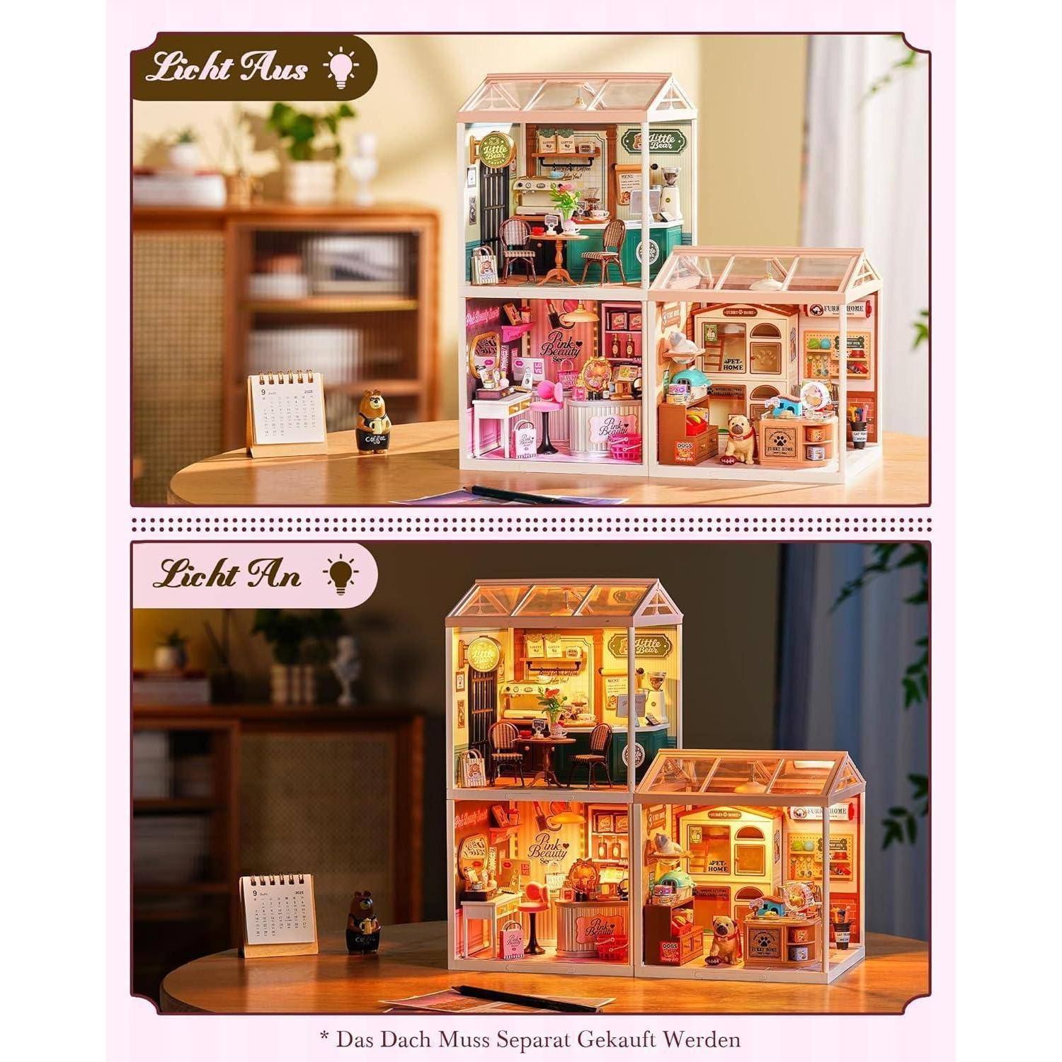 Vergleich eines Miniatur-Puppenhauses mit ausgeschalteten und eingeschalteten Lichtern, das warmes Glühen im Inneren zeigt, wenn es beleuchtet ist.
