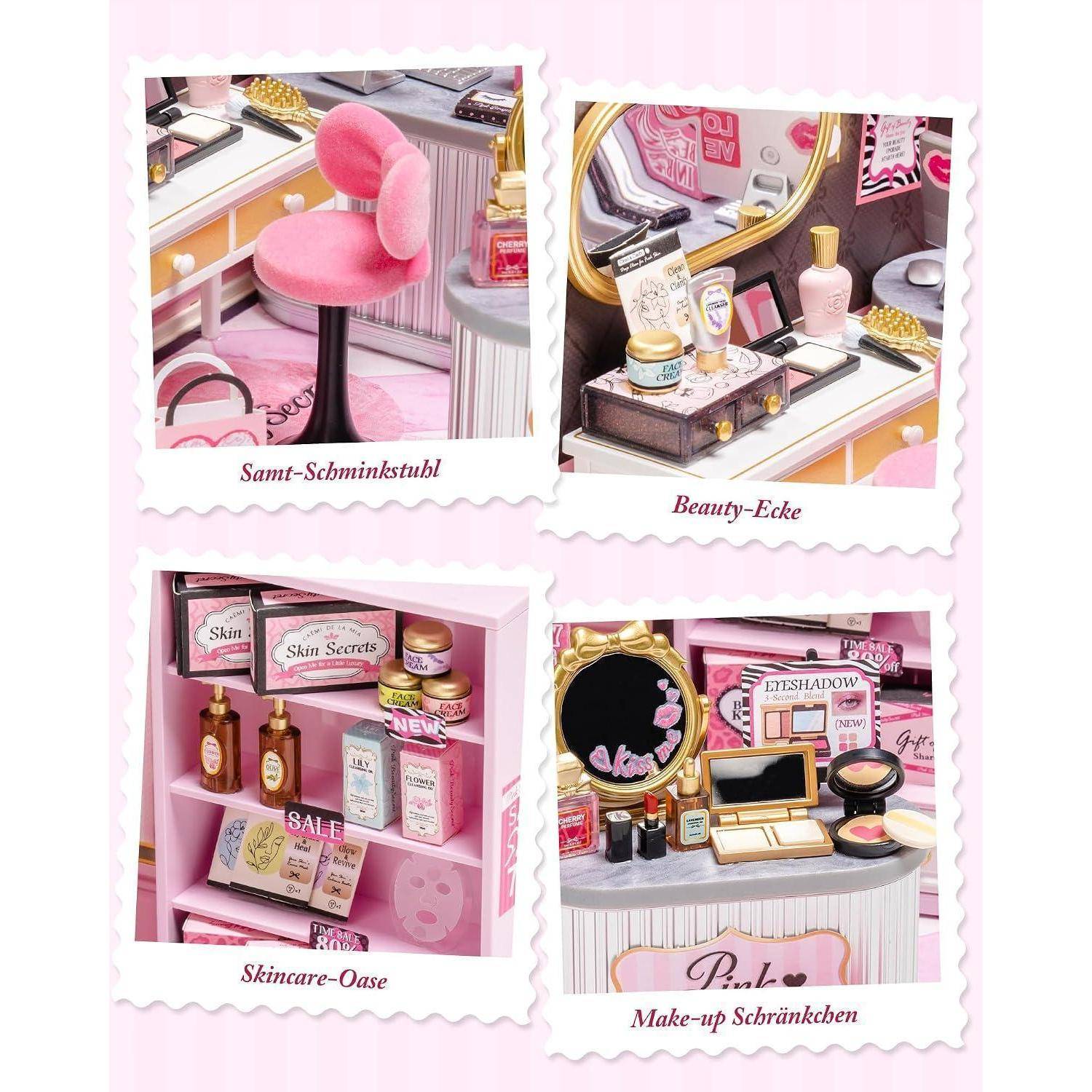 Collage aus vier rosa Kosmetik- und Make-up-Display-Setups mit den Beschriftungen „Sanit-Schminktisch