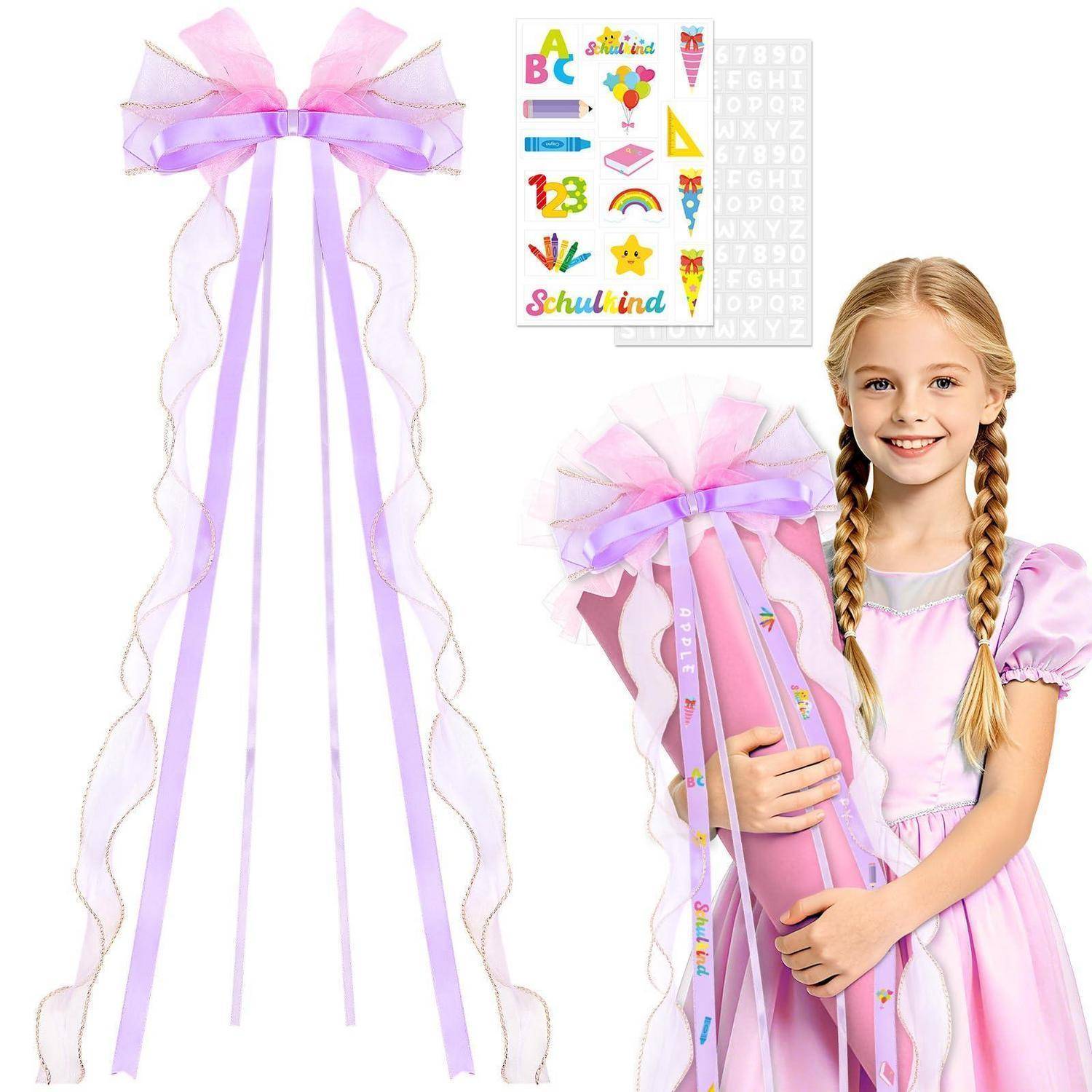 Schleife Schultüte Lila mit DIY Aufkleber Zuckertüten Schleifen Bastelset | 18x56 cm, Schultütenschleife, 3D Schmetterlinge xxl für Mädchen Junge