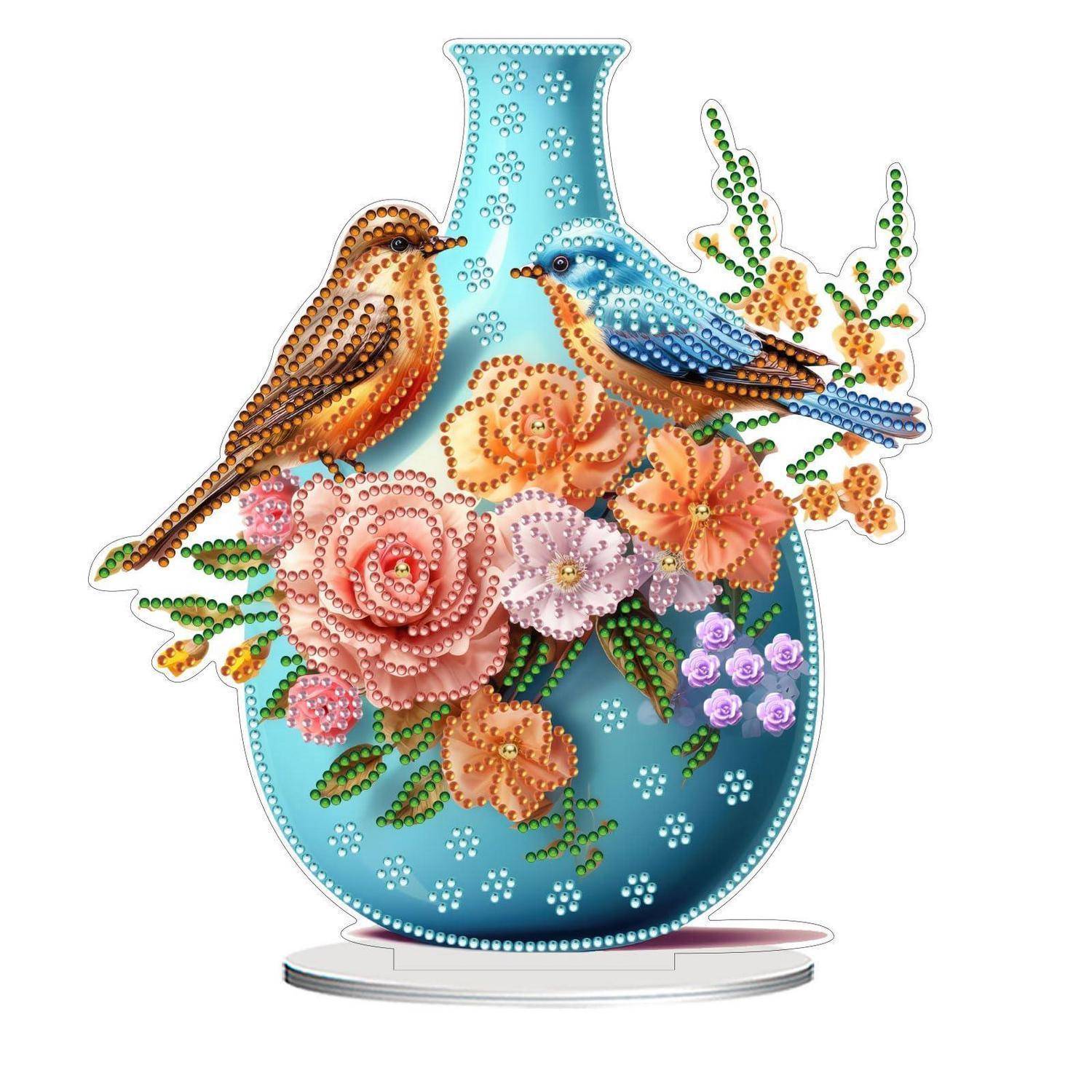CAYUDEN DIY Diamond Painting Tischdeko, Kristall Rosen Vögel Vase 5D Edelsteine Painting Stehend Kunst Set, Blue Desktop Diamant Kreativ Set Dekor