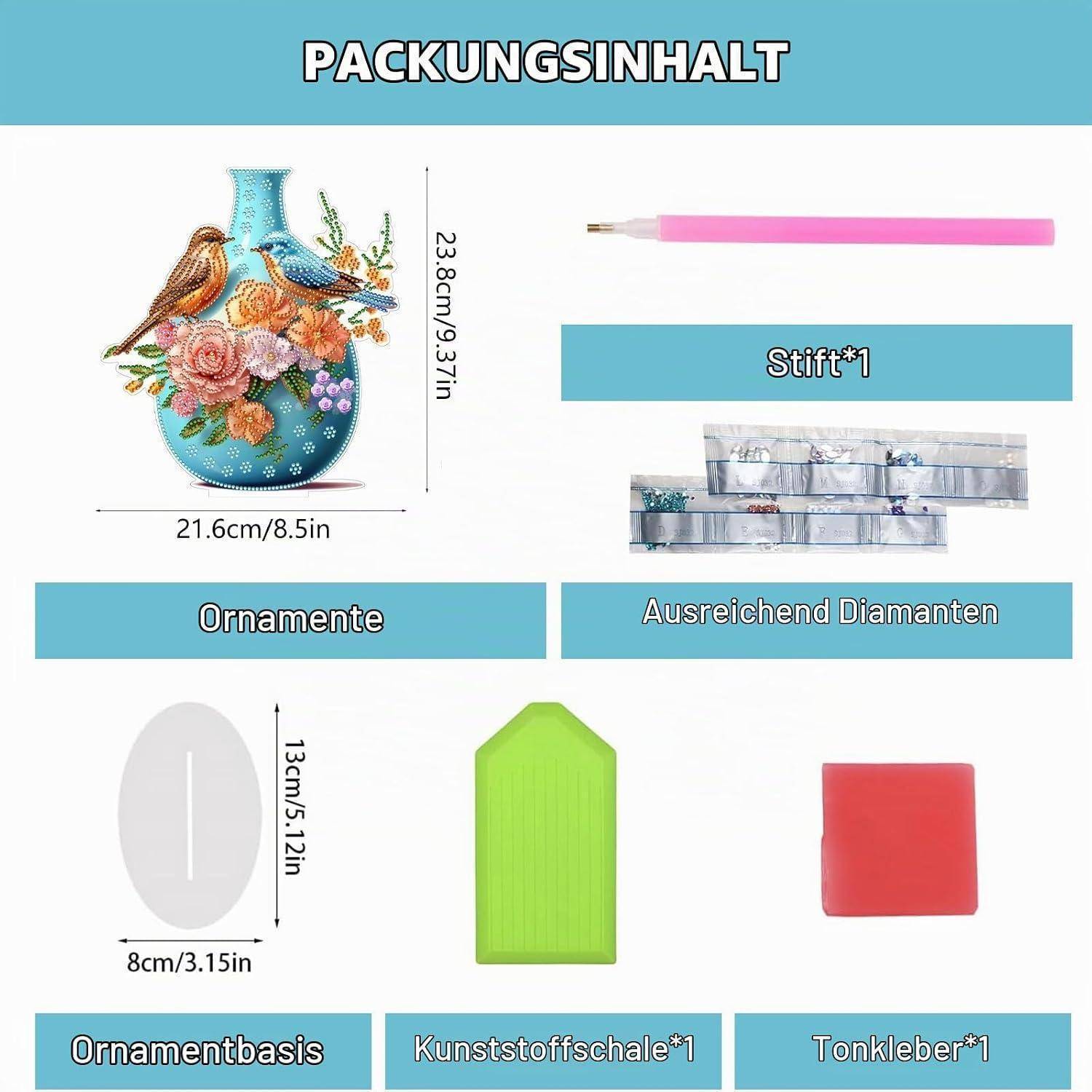 CAYUDEN DIY Diamond Painting Tischdeko, Kristall Rosen Vögel Vase 5D Edelsteine Painting Stehend Kunst Set, Blue Desktop Diamant Kreativ Set Dekor