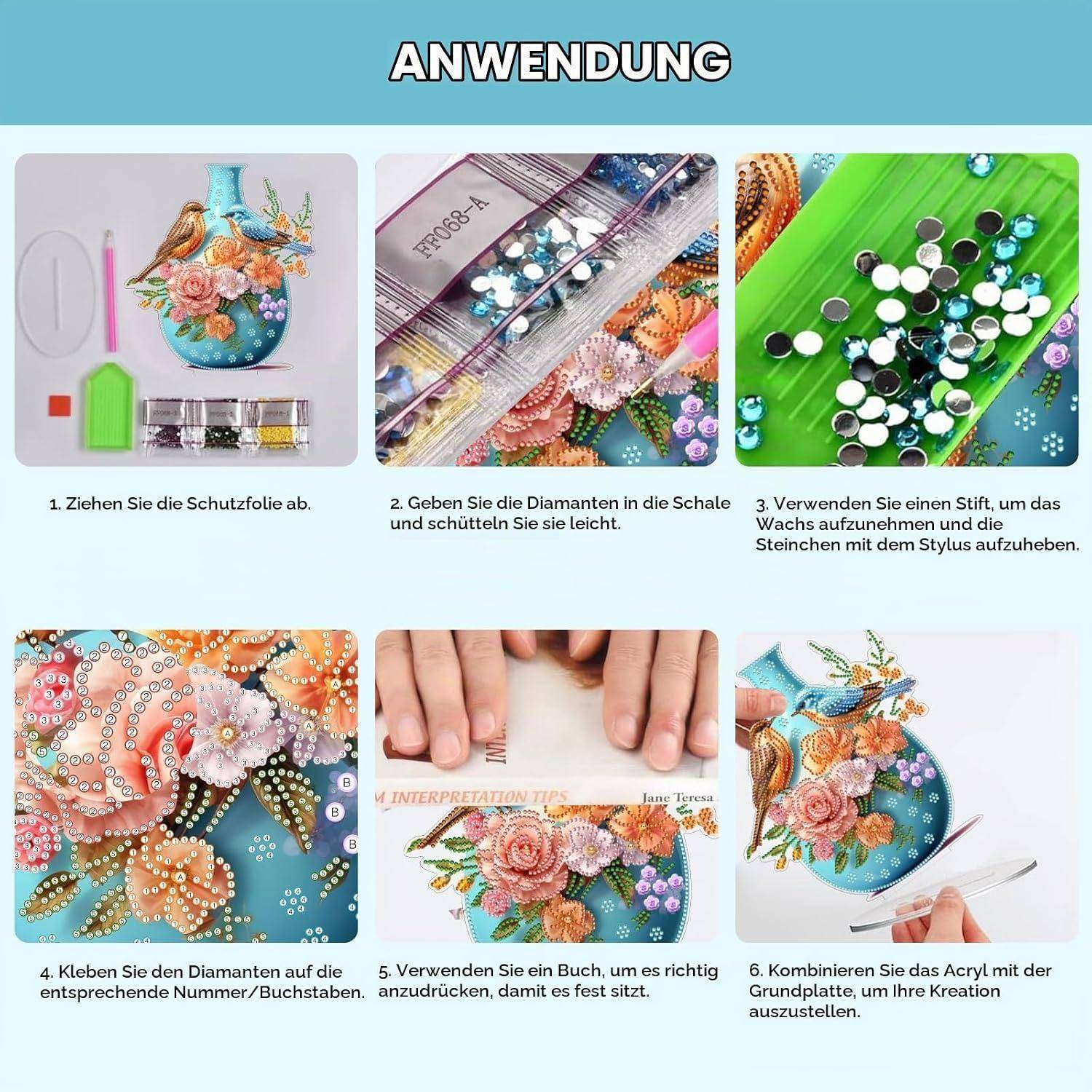 CAYUDEN DIY Diamond Painting Tischdeko, Kristall Rosen Vögel Vase 5D Edelsteine Painting Stehend Kunst Set, Blue Desktop Diamant Kreativ Set Dekor