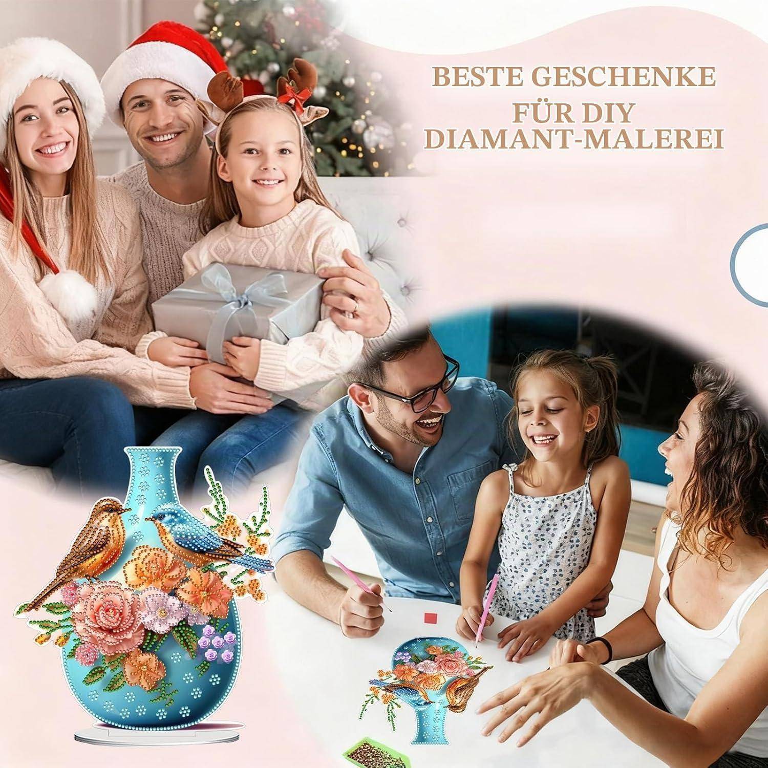 CAYUDEN DIY Diamond Painting Tischdeko, Kristall Rosen Vögel Vase 5D Edelsteine Painting Stehend Kunst Set, Blue Desktop Diamant Kreativ Set Dekor