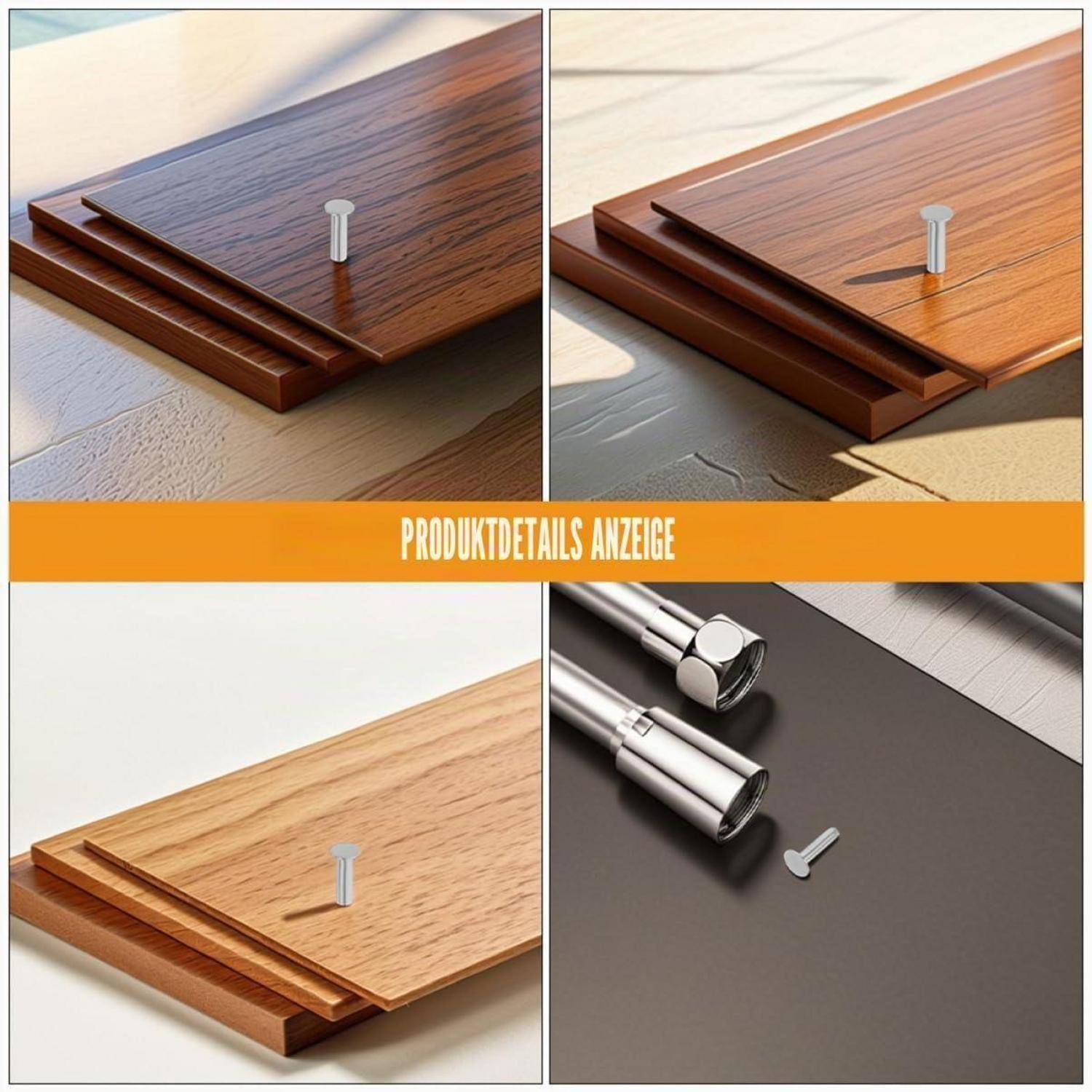 Collage aus Holzoptik-Lamellenpaneelen mit einem kleinen weißen Dübel oder Befestigungselement oben, mit der Beschriftung „PRODUKTDETAILS ANZEIGE" in der Mitte.