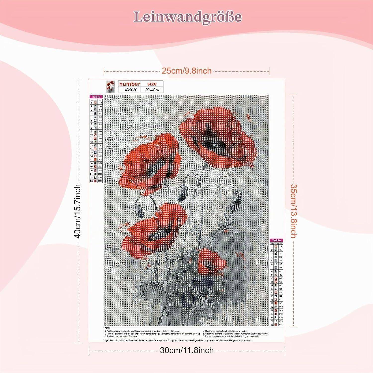 MEIYUDA 5D Diamond Painting Bilder Erwachsene Kinder Rote Blumen, Diamant Painting Bilder Diy Set Bild Diamond Painting, Malerei Kristall Diamond