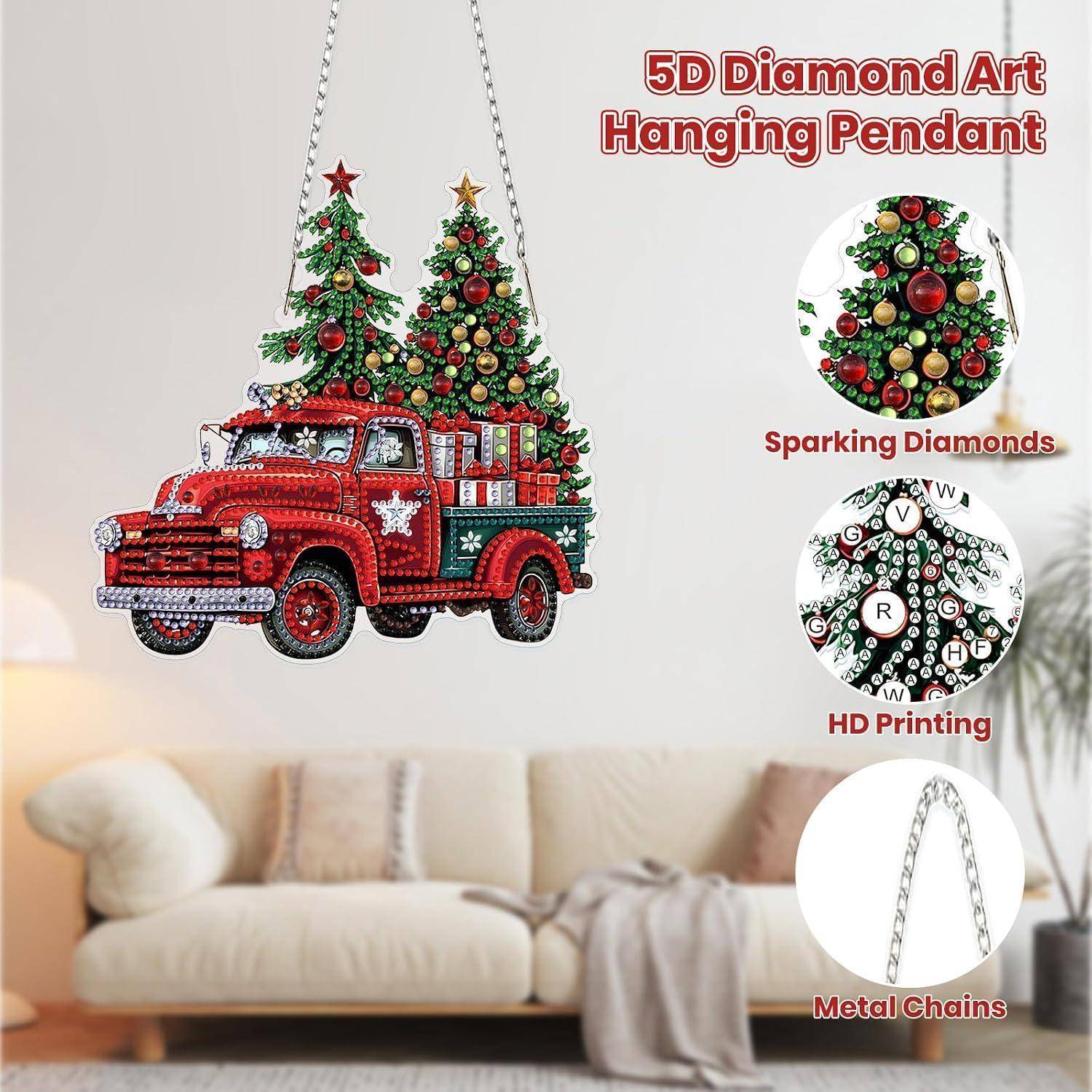 MOGTAA Weihnachtswagen Diamond Painting Anhänger, Weihnachtsbaum Diamond Painting mit Kette Kinder Erwachsene, Diamant Painting Fensterbilder, Hänge