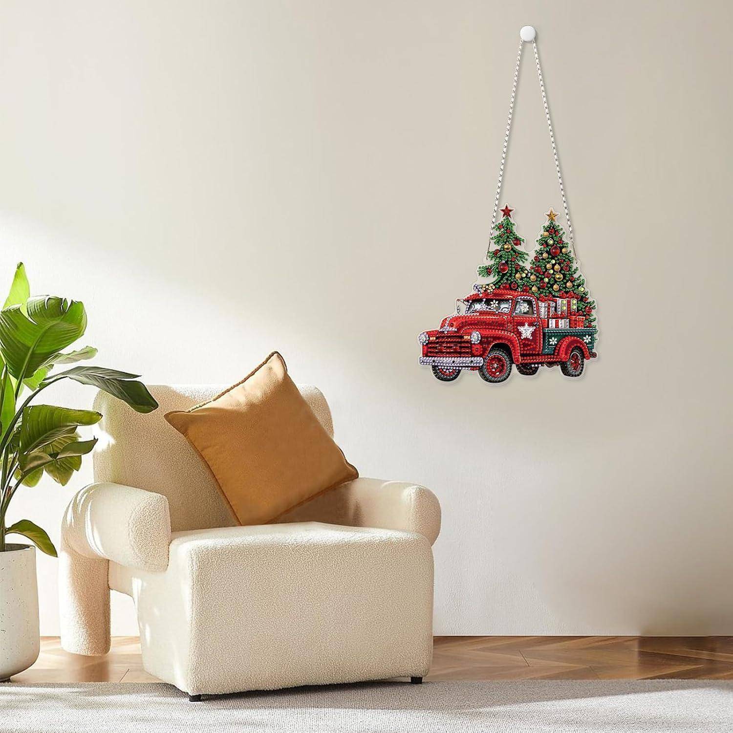 MOGTAA Weihnachtswagen Diamond Painting Anhänger, Weihnachtsbaum Diamond Painting mit Kette Kinder Erwachsene, Diamant Painting Fensterbilder, Hänge