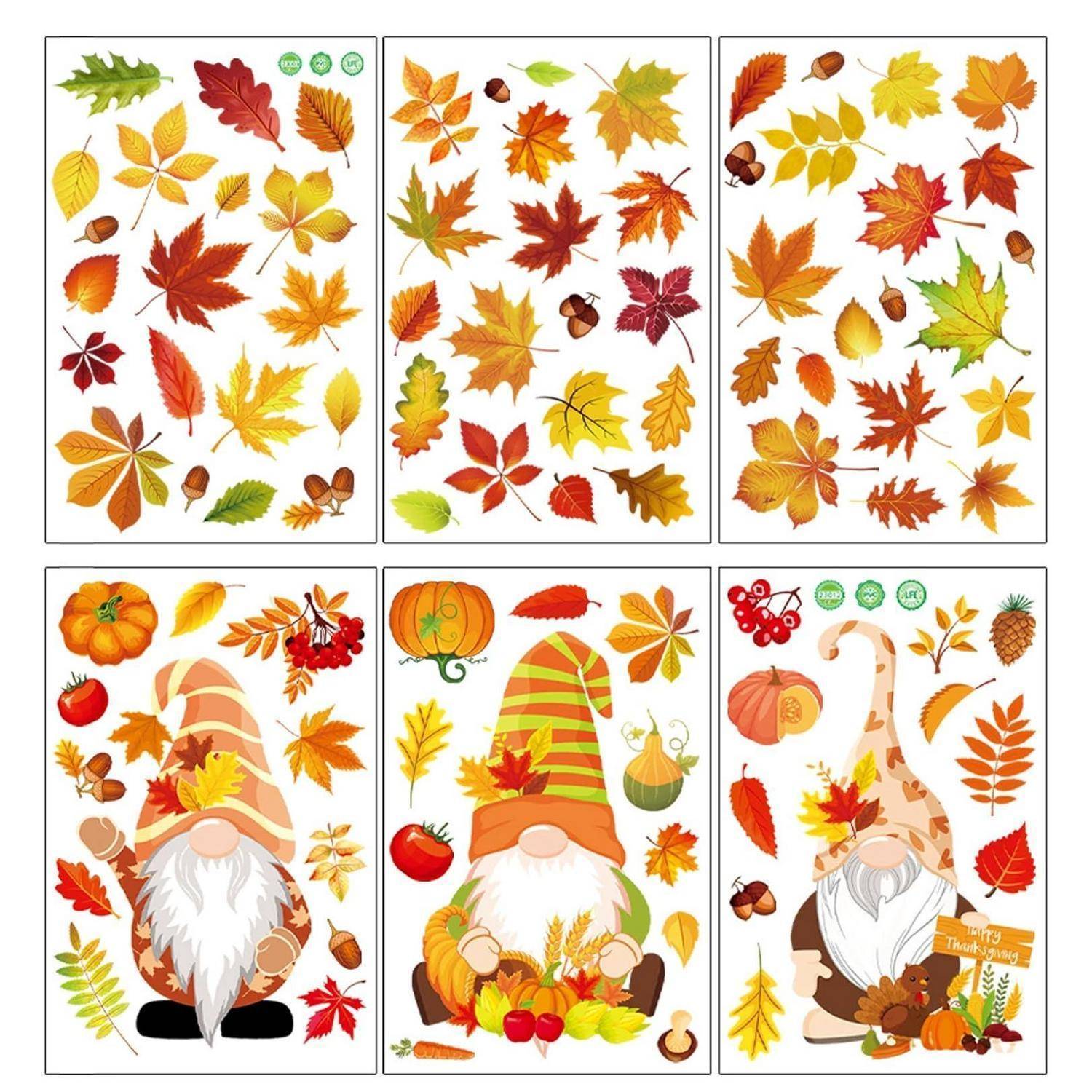 Herbstdeko Fensterbilder Selbstklebend 6 Stück Thanksgiving Deko Herbstblätter Kürbis Party Aufkleber Halloween Fensterbild Wohnzimmer Tür Dekorat