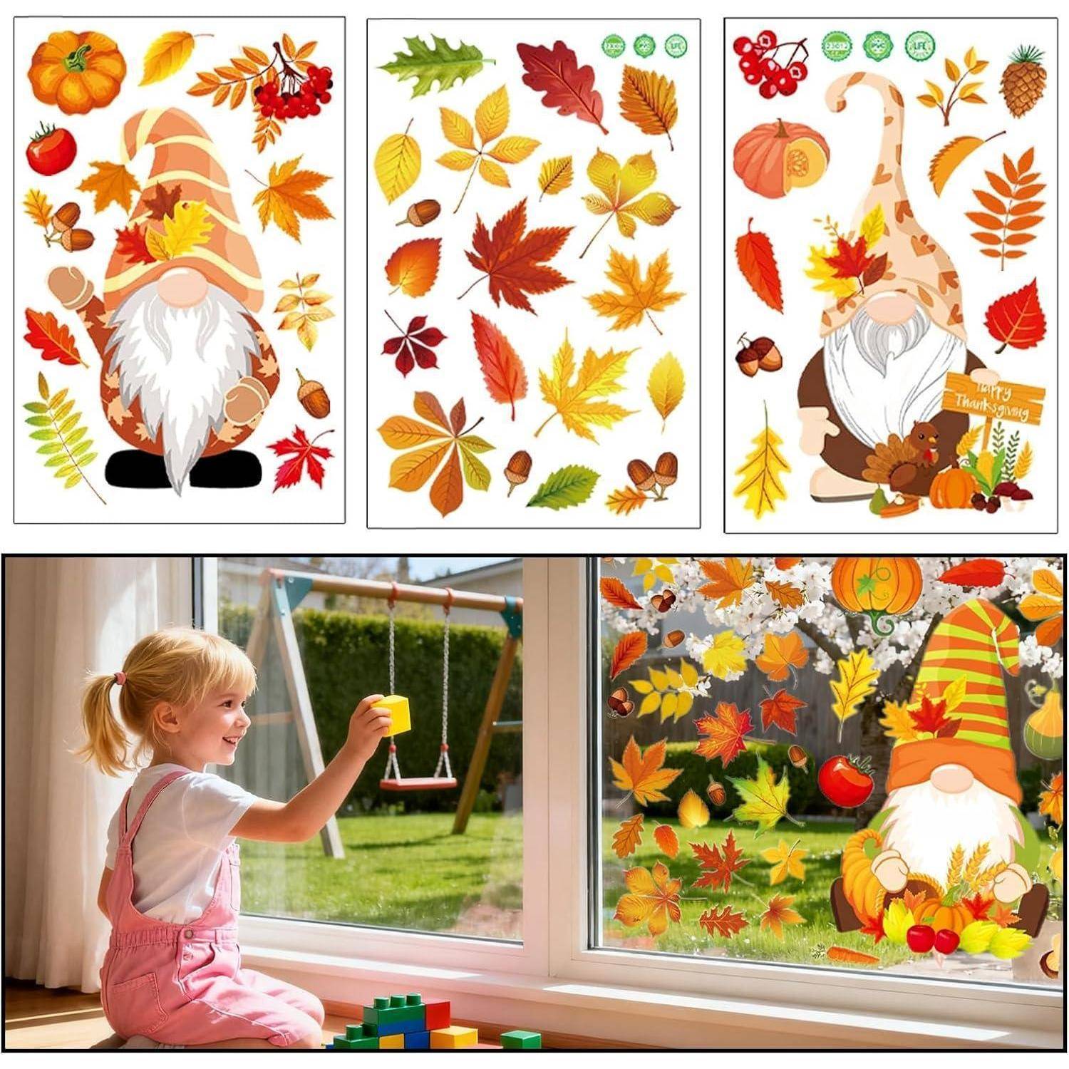 Herbstdeko Fensterbilder Selbstklebend 6 Stück Thanksgiving Deko Herbstblätter Kürbis Party Aufkleber Halloween Fensterbild Wohnzimmer Tür Dekorat