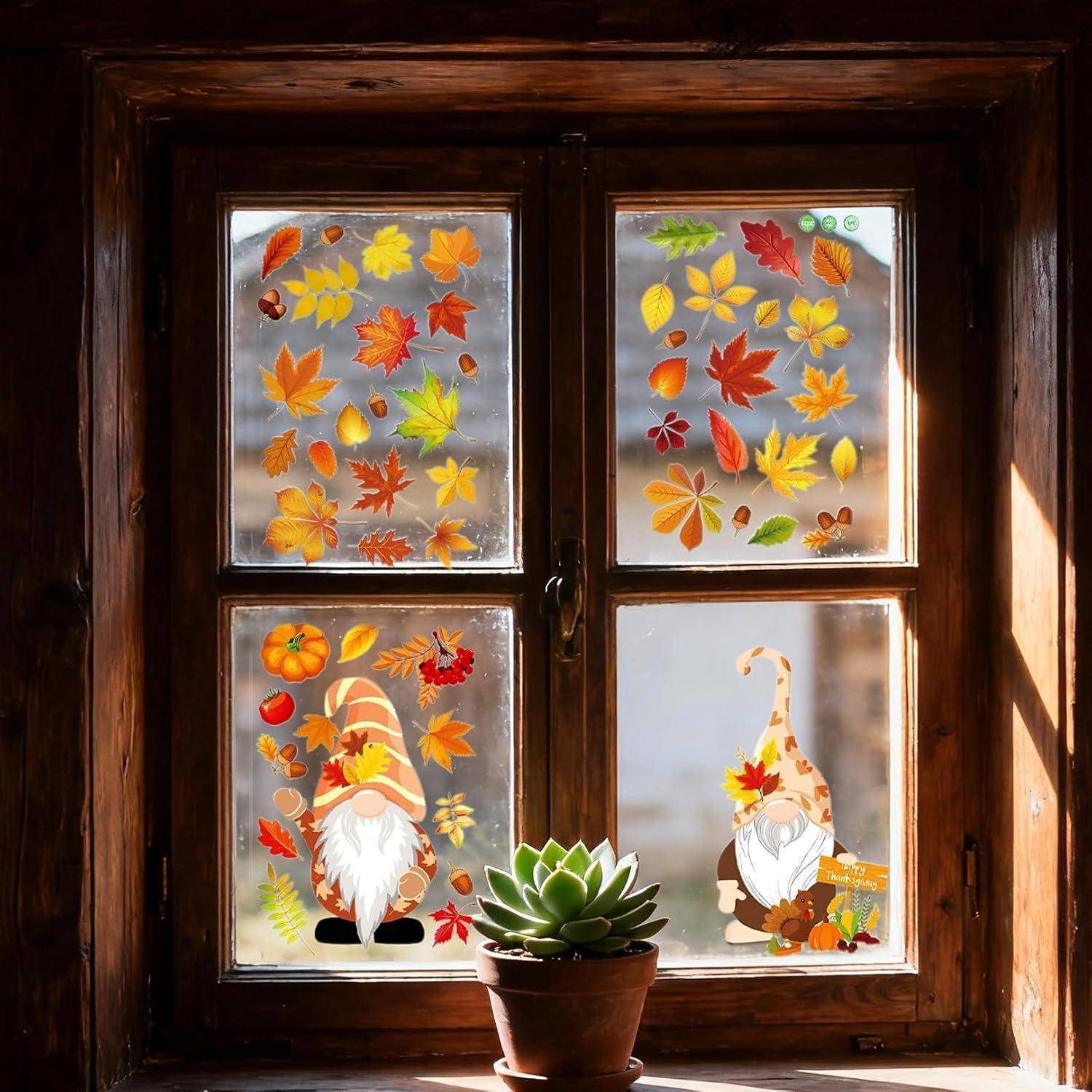 Herbstdeko Fensterbilder Selbstklebend 6 Stück Thanksgiving Deko Herbstblätter Kürbis Party Aufkleber Halloween Fensterbild Wohnzimmer Tür Dekorat