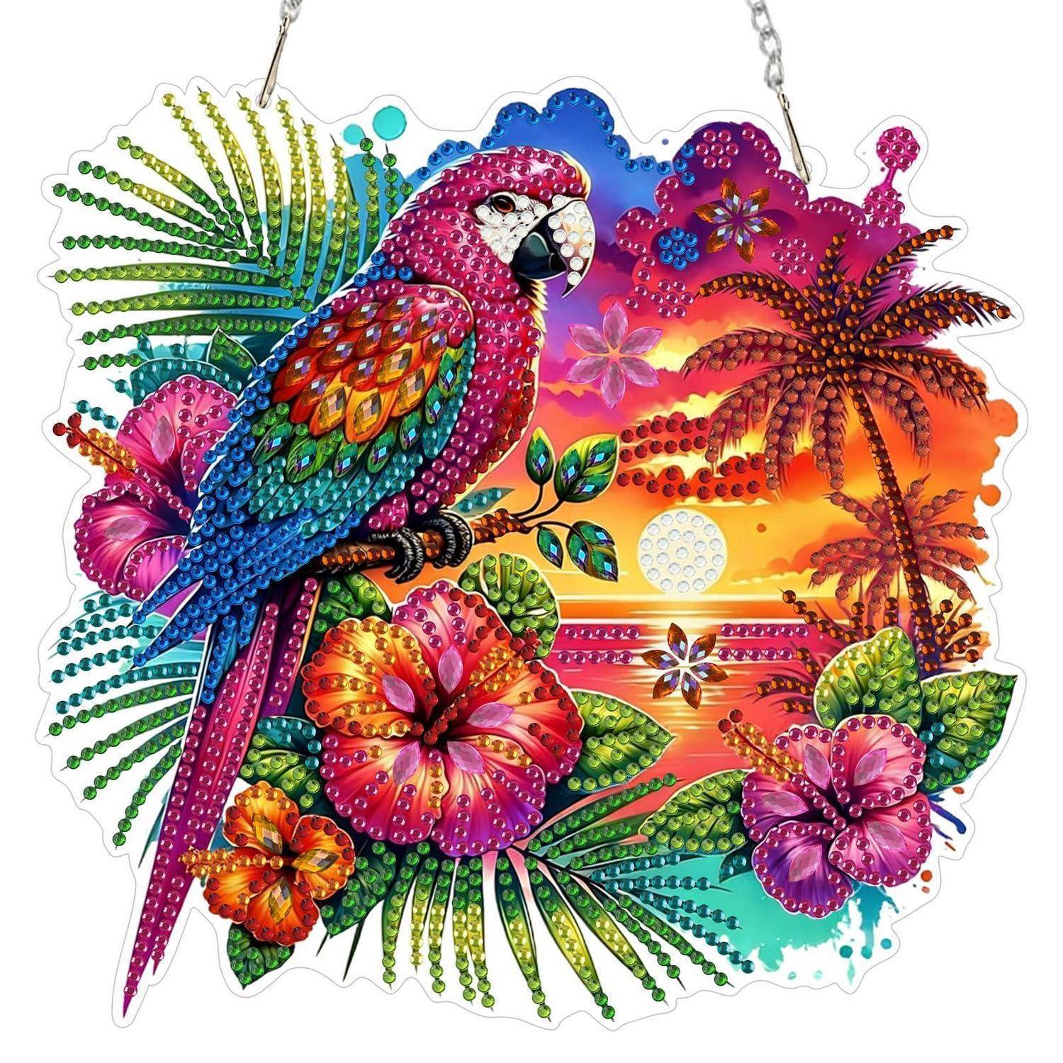 MOGTAA 5D Diamond Painting Anhänger Papagei, Diamond Painting mit Kette Kinder Erwachsene, Sonnenuntergang Diamant Painting Fensterbilder, Hängende