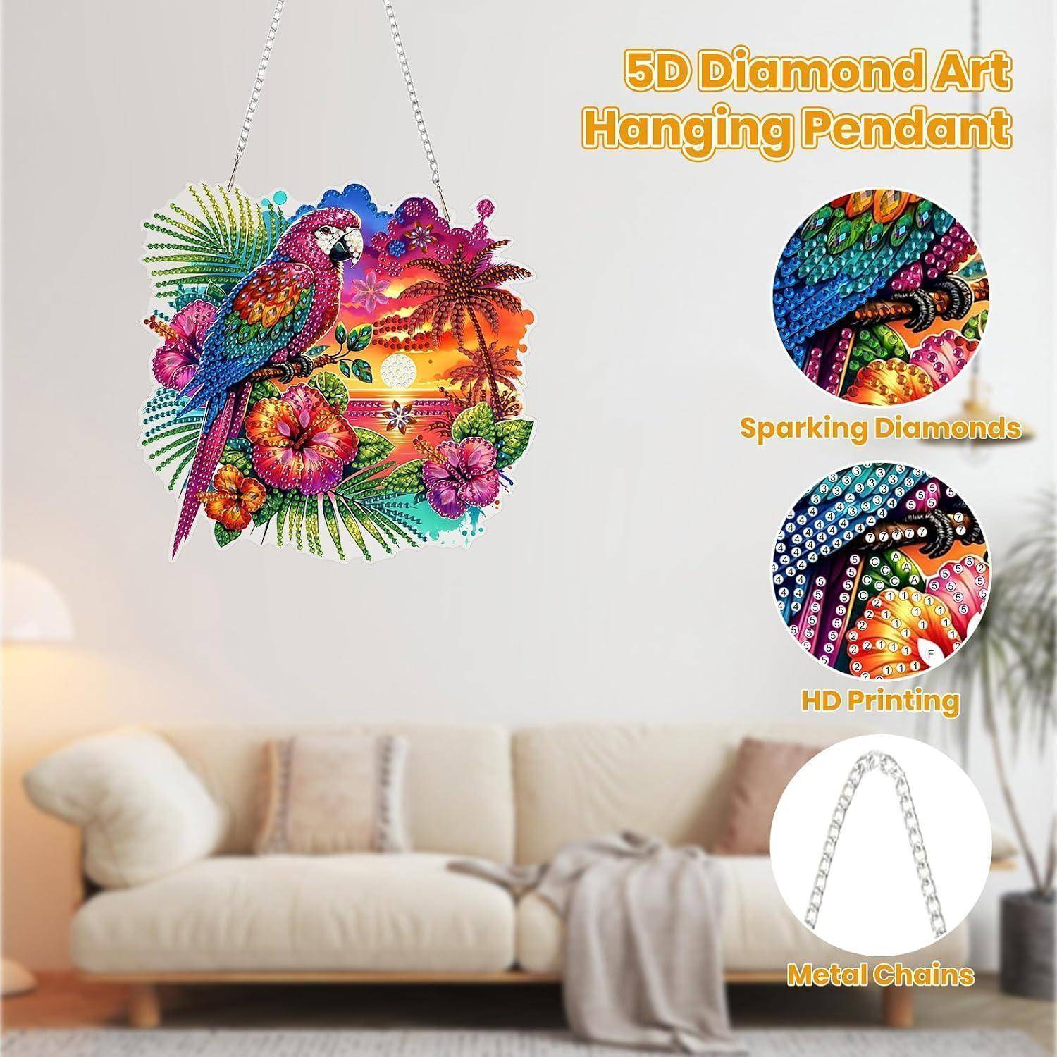 MOGTAA 5D Diamond Painting Anhänger Papagei, Diamond Painting mit Kette Kinder Erwachsene, Sonnenuntergang Diamant Painting Fensterbilder, Hängende