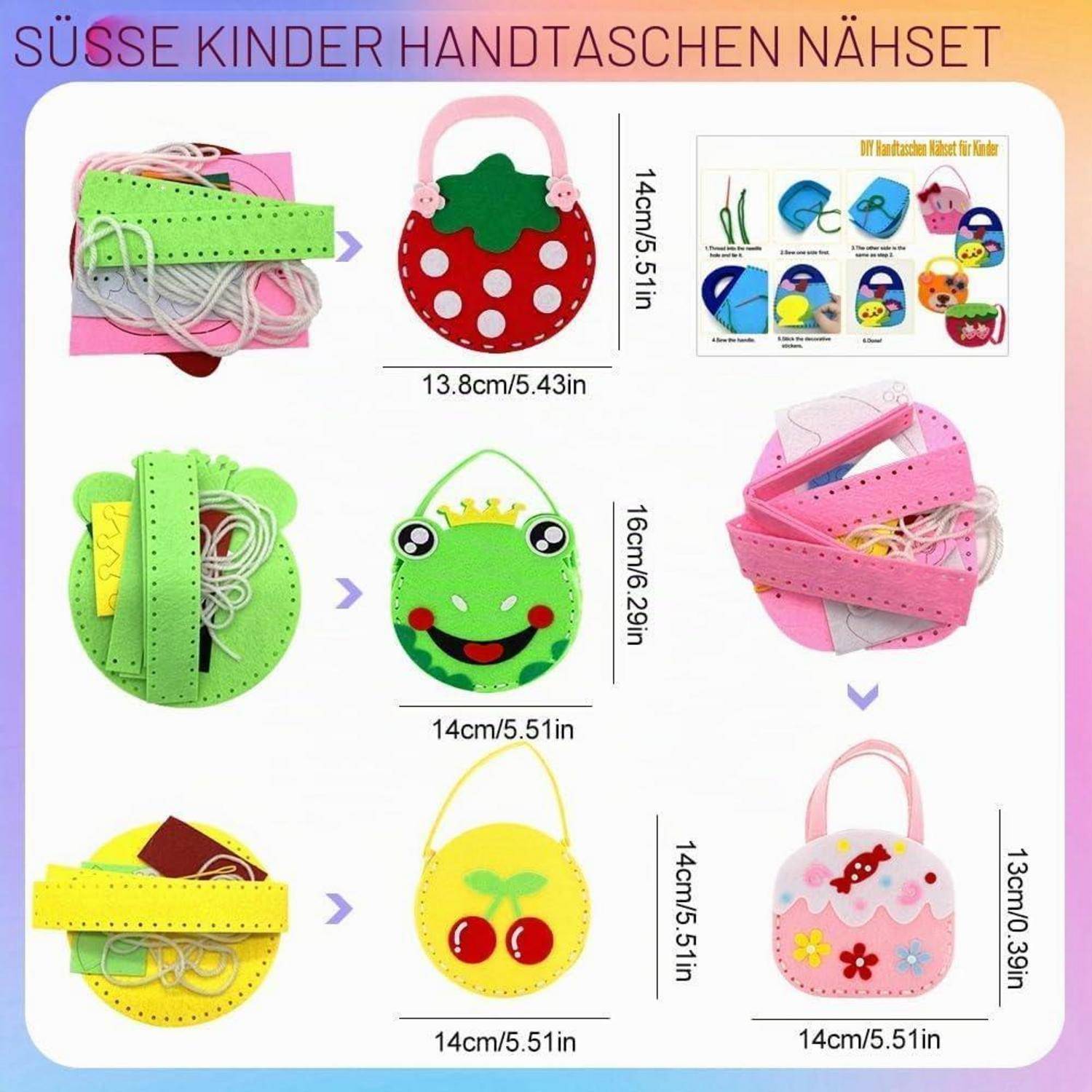 AffeGifts Filz Nähset Kinder, 4-Pack Handtasche Kinder Nähset Nähen Diy Pädagogische Nähsets Diy Bastelset Süße Filztasche Mein Erstes Nähsets