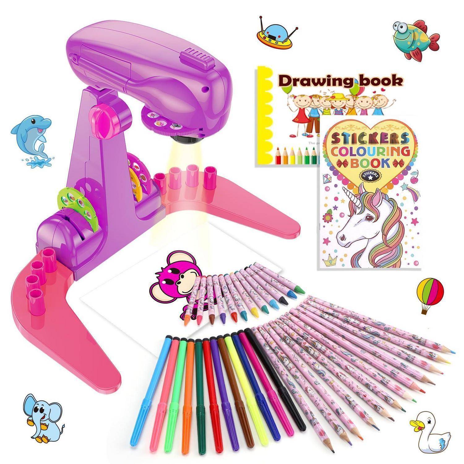 Sumsoltic Geschenk Mädchen Zeichenprojektor für Kinder Mit Wasserfarbenstifte, Einhorn-Malbuch, Zeichenbuch und Lineal Mädchen Spielzeug Mit 72 Mot