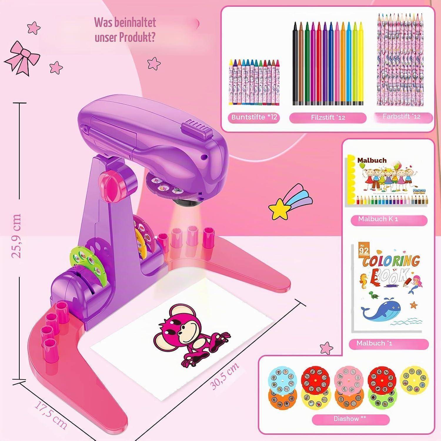 Sumsoltic Geschenk Mädchen Zeichenprojektor für Kinder Mit Wasserfarbenstifte, Einhorn-Malbuch, Zeichenbuch und Lineal Mädchen Spielzeug Mit 72 Mot