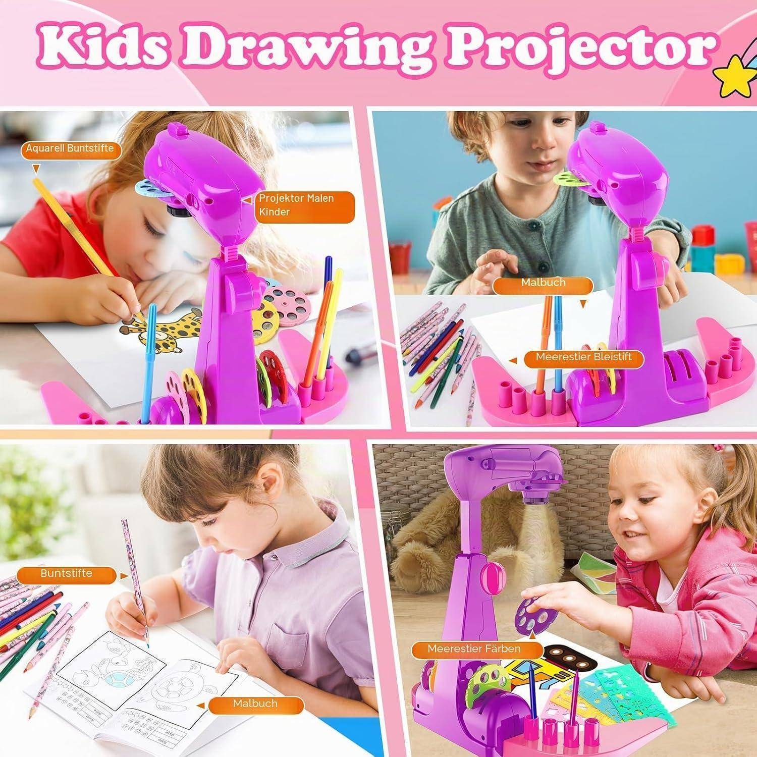 Sumsoltic Geschenk Mädchen Zeichenprojektor für Kinder Mit Wasserfarbenstifte, Einhorn-Malbuch, Zeichenbuch und Lineal Mädchen Spielzeug Mit 72 Mot