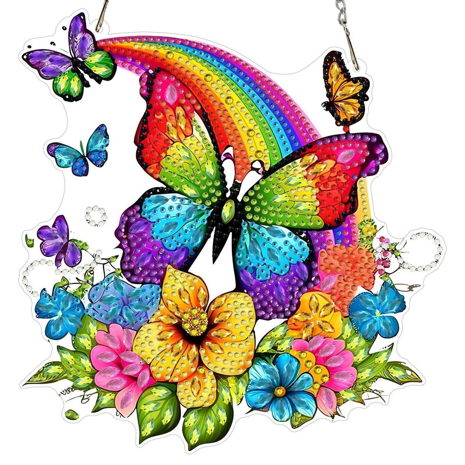 MEIYUDA Diamond Painting Anhänger Regenbogen Schmetterling, 5D Diamond Painting Erwachsene Kinder Sonnenfänger, Lichtfanger DIY Set Fensterbilder,