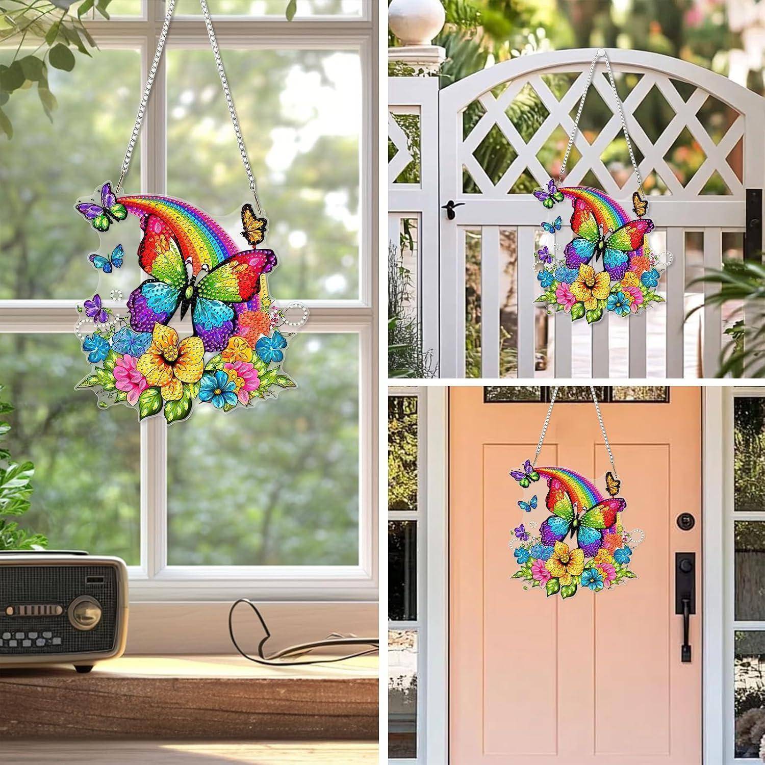 MEIYUDA Diamond Painting Anhänger Regenbogen Schmetterling, 5D Diamond Painting Erwachsene Kinder Sonnenfänger, Lichtfanger DIY Set Fensterbilder,