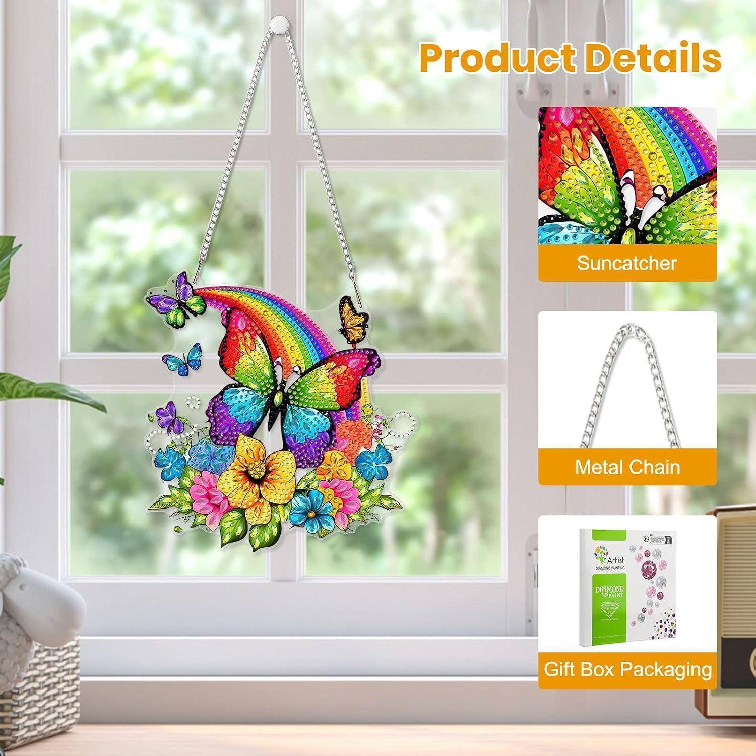 MEIYUDA Diamond Painting Anhänger Regenbogen Schmetterling, 5D Diamond Painting Erwachsene Kinder Sonnenfänger, Lichtfanger DIY Set Fensterbilder,