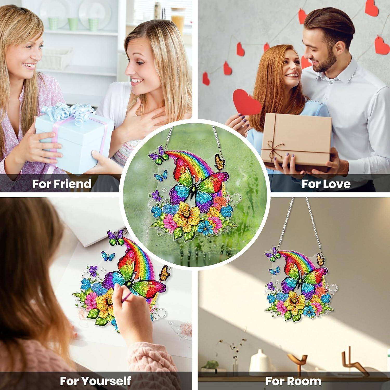 MEIYUDA Diamond Painting Anhänger Regenbogen Schmetterling, 5D Diamond Painting Erwachsene Kinder Sonnenfänger, Lichtfanger DIY Set Fensterbilder,