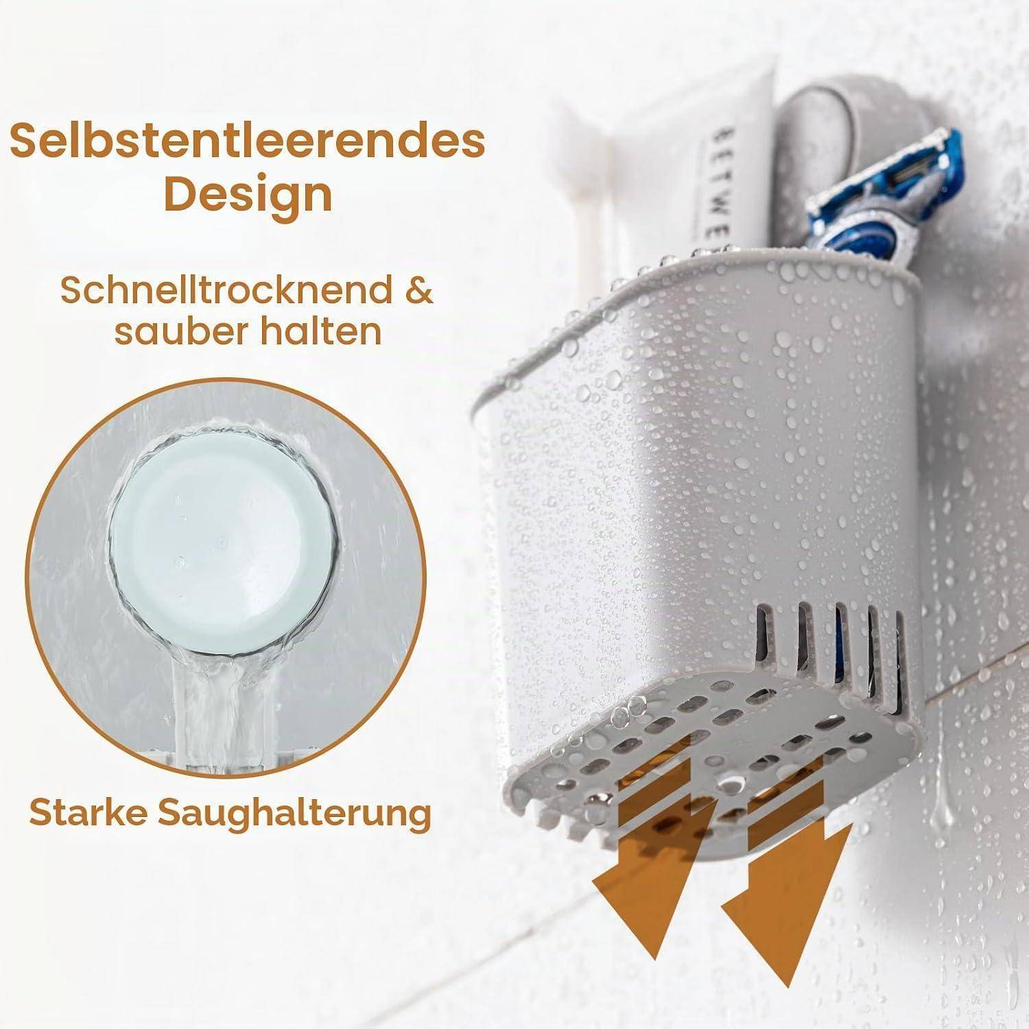 LEVERLOC Saugnapf Zahnbürstenhalter Wand, ohne Bohren, Grau Plastik 2er Set | 1s montiert, werkzeuglos, hält 3 kg, hohle Abläufe zum Trocknen, abne
