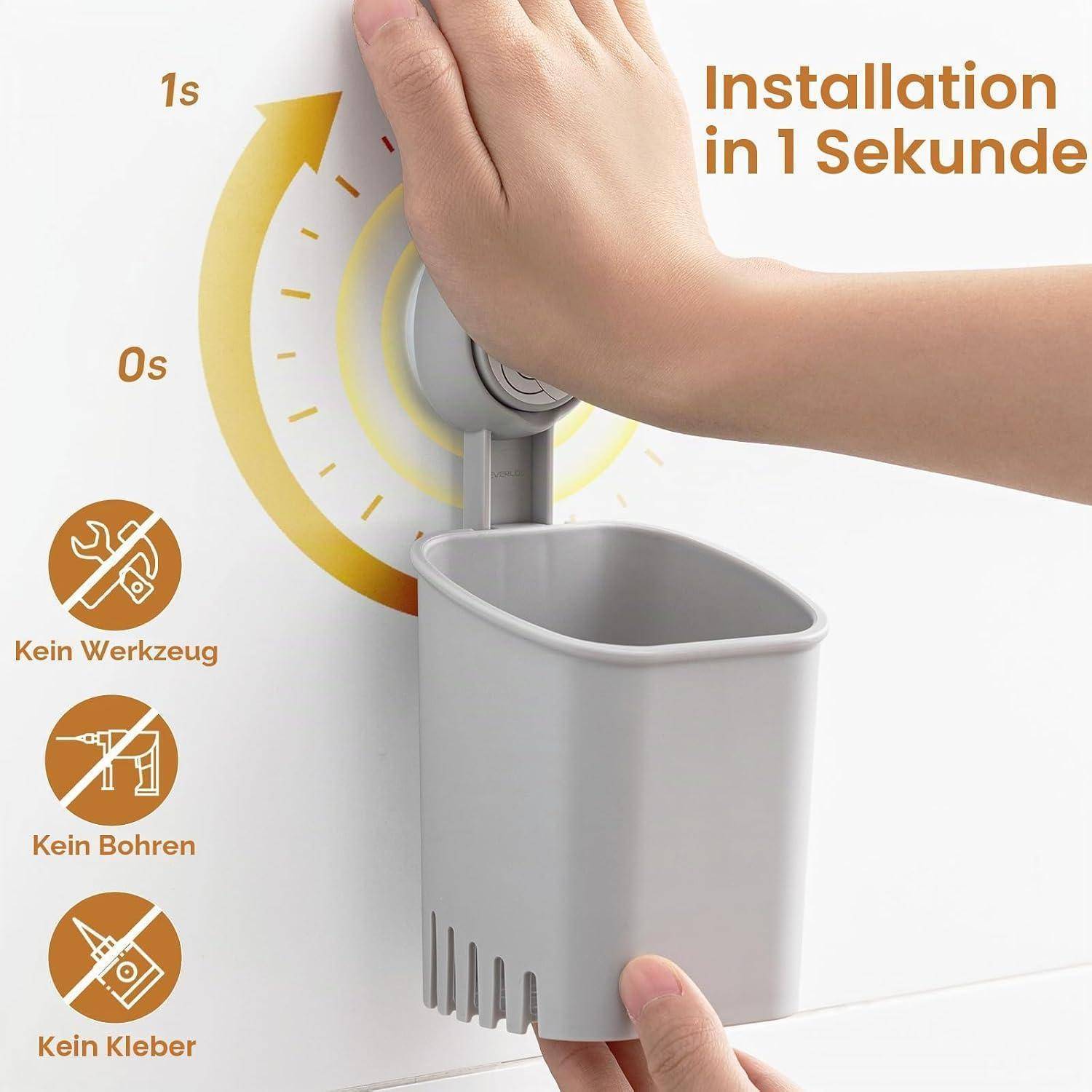 LEVERLOC Saugnapf Zahnbürstenhalter Wand, ohne Bohren, Grau Plastik 2er Set | 1s montiert, werkzeuglos, hält 3 kg, hohle Abläufe zum Trocknen, abne