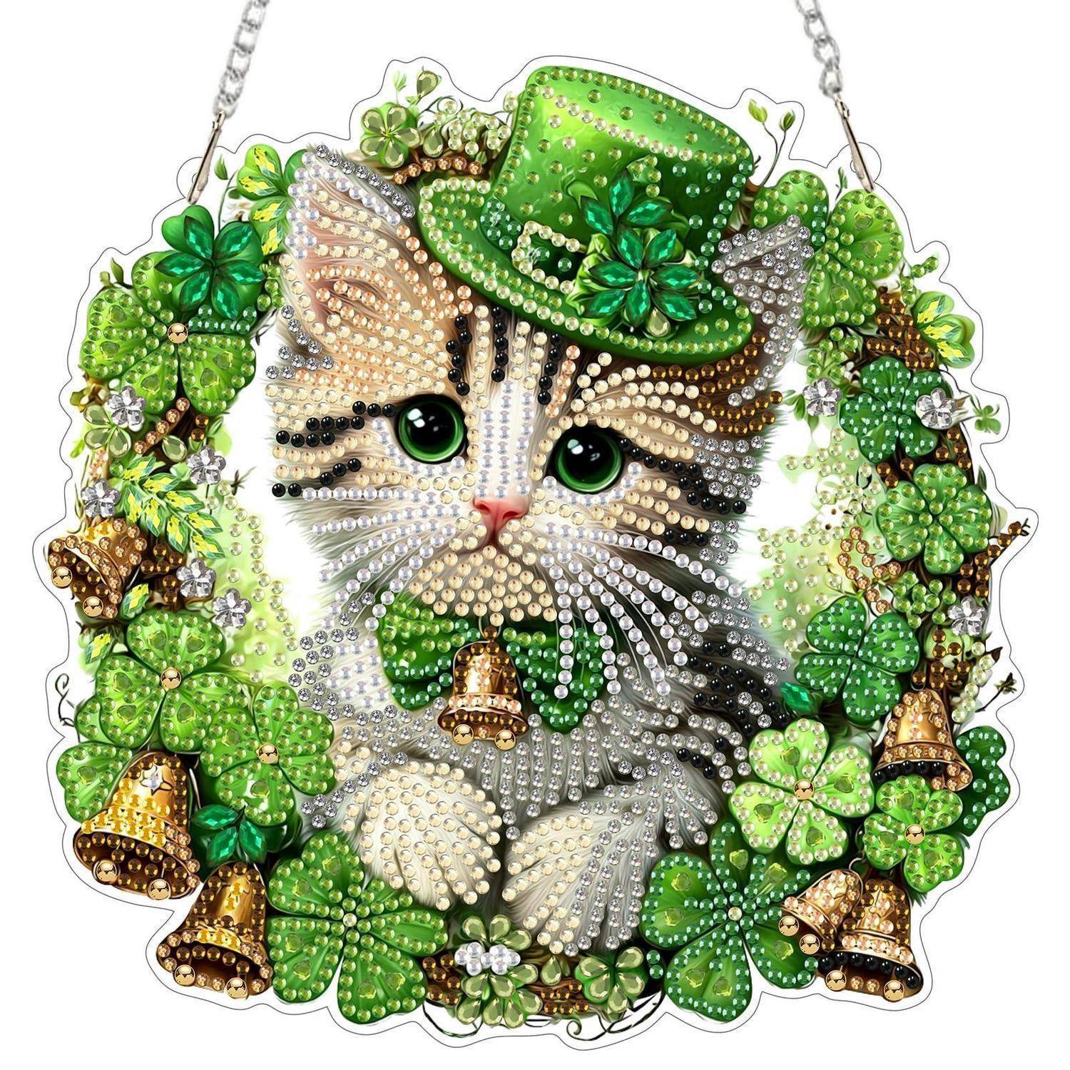 MOTGOM Diamond Painting Anhänger Niedliche Katze, 5D Diamond Painting Katze für Erwachsene, Lichtfänger DIY Fensterbilder Bastelset für Wand Dekor