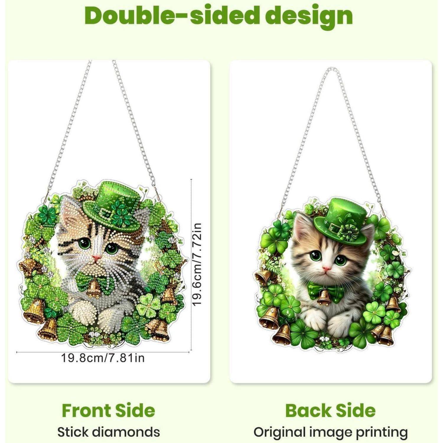 MXJSUA St.-Patrick’s-Day-Katze Diamond Painting Anhänger mit Kette Erwachsene, Diamant Painting Fensterbilder Hängende Ornament Bastelset Set für
