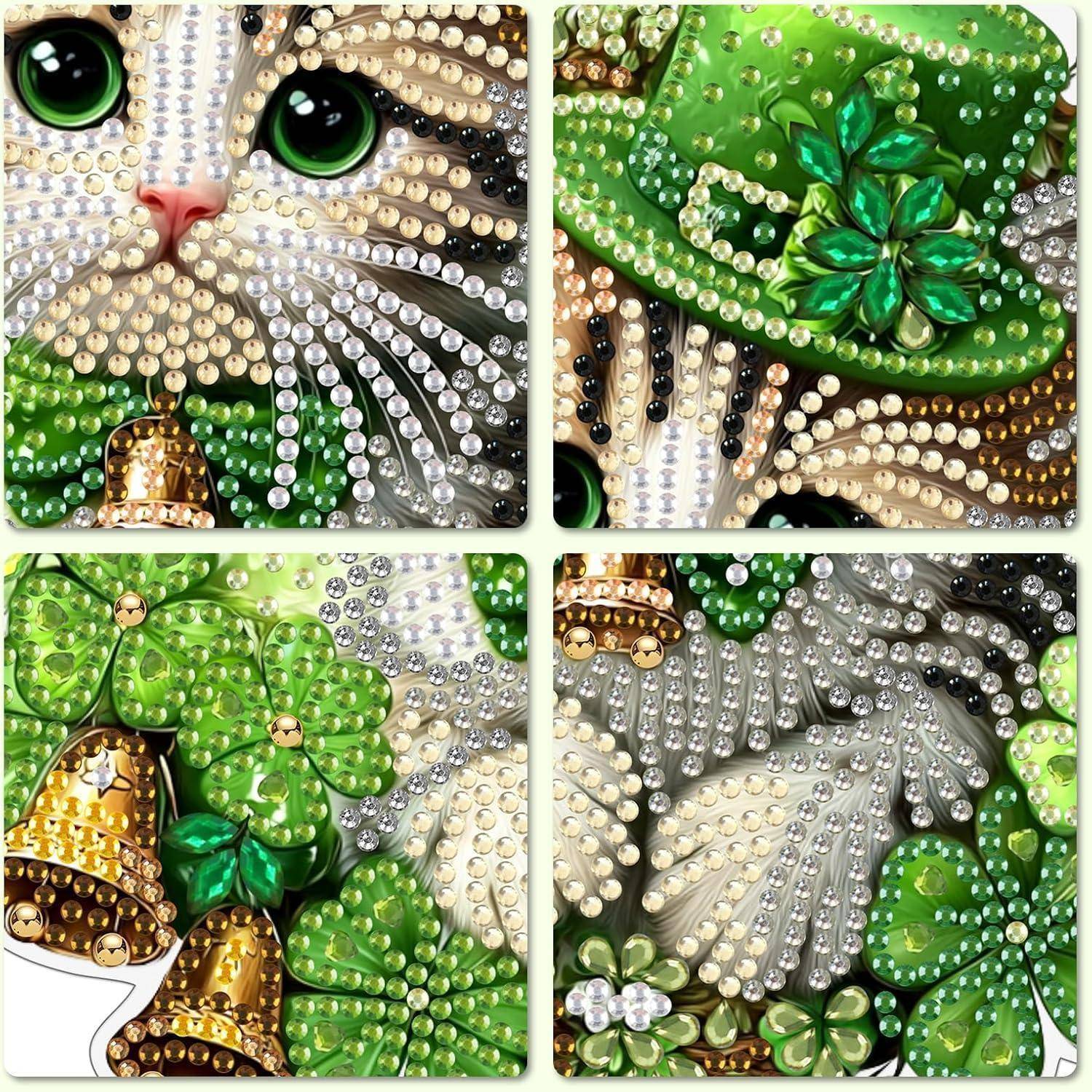 MXJSUA St.-Patrick’s-Day-Katze Diamond Painting Anhänger mit Kette Erwachsene, Diamant Painting Fensterbilder Hängende Ornament Bastelset Set für