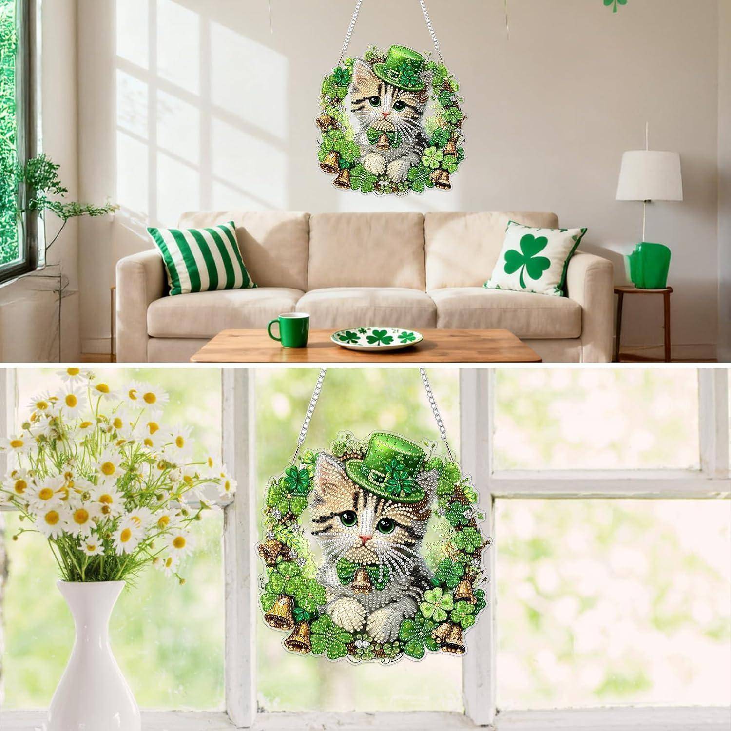 MXJSUA St.-Patrick’s-Day-Katze Diamond Painting Anhänger mit Kette Erwachsene, Diamant Painting Fensterbilder Hängende Ornament Bastelset Set für